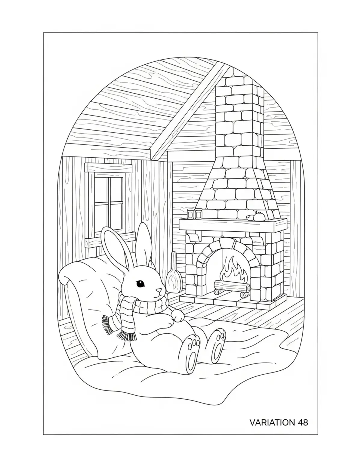 Cute Rabbit Winter Cabin Color — free printable cozy coloring coloring page for kids and adults