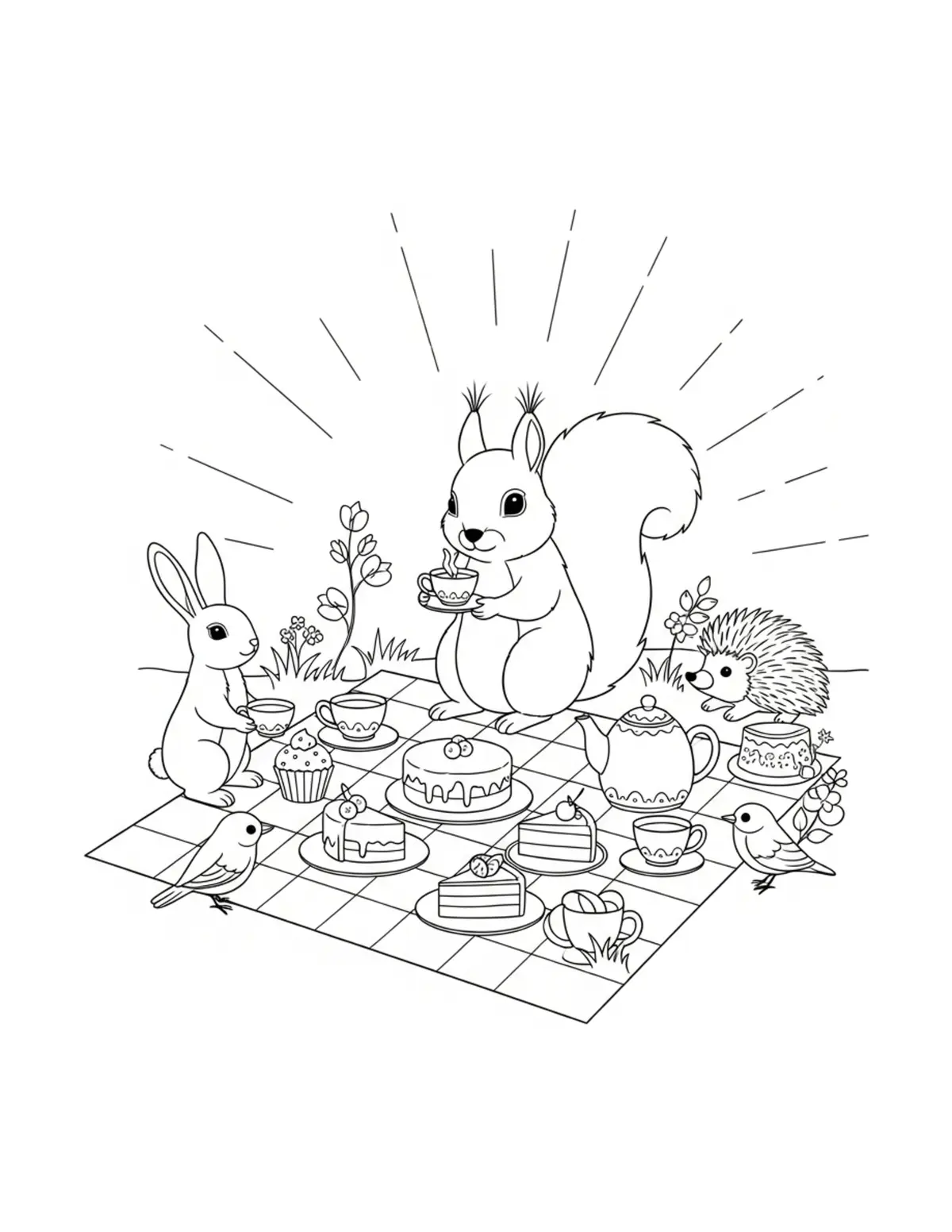 Free printable coloring page: cute squirrel picnic day cake coloring page. Cute design for kids and adults.