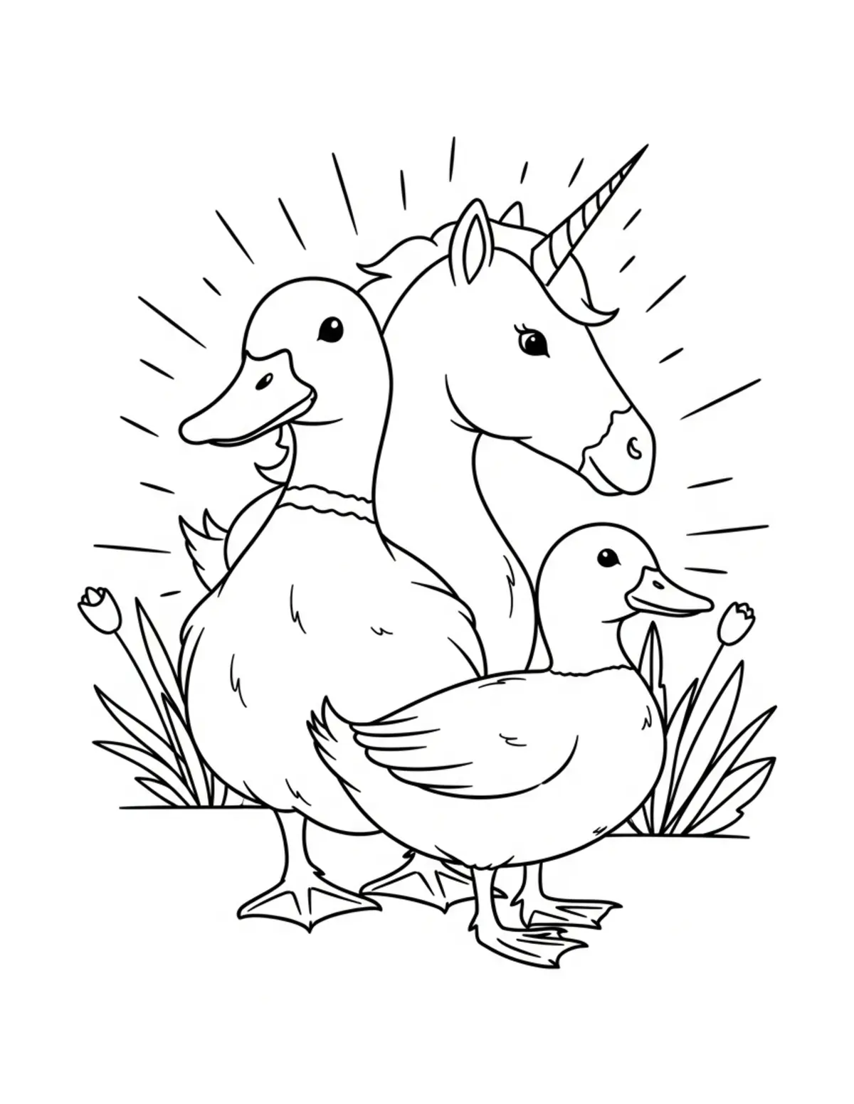 Free printable coloring page: duck unicorn garden coloring page. Cute and cozy design for kids and adults to download and print.