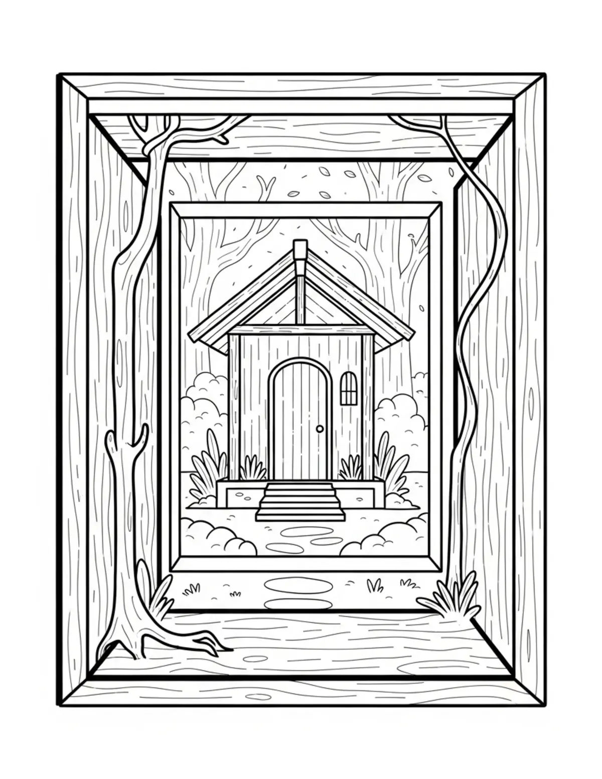 Free printable coloring page: hidden-forest-courtyard-maze coloring page. Cute and cozy design for kids and adults to download and print.