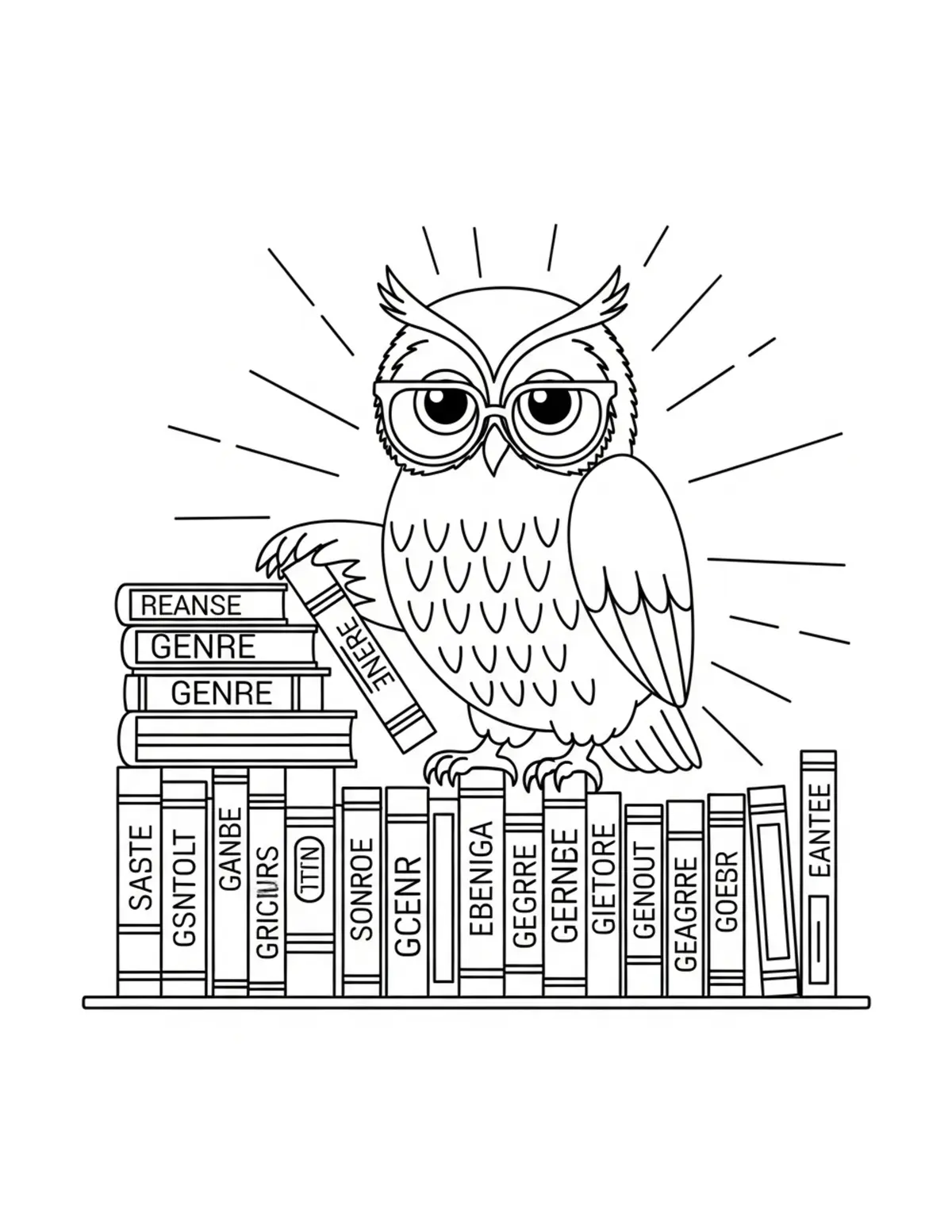 Owl Sorting Books By Genre Coloring Page - free printable JPG featuring adorable owl