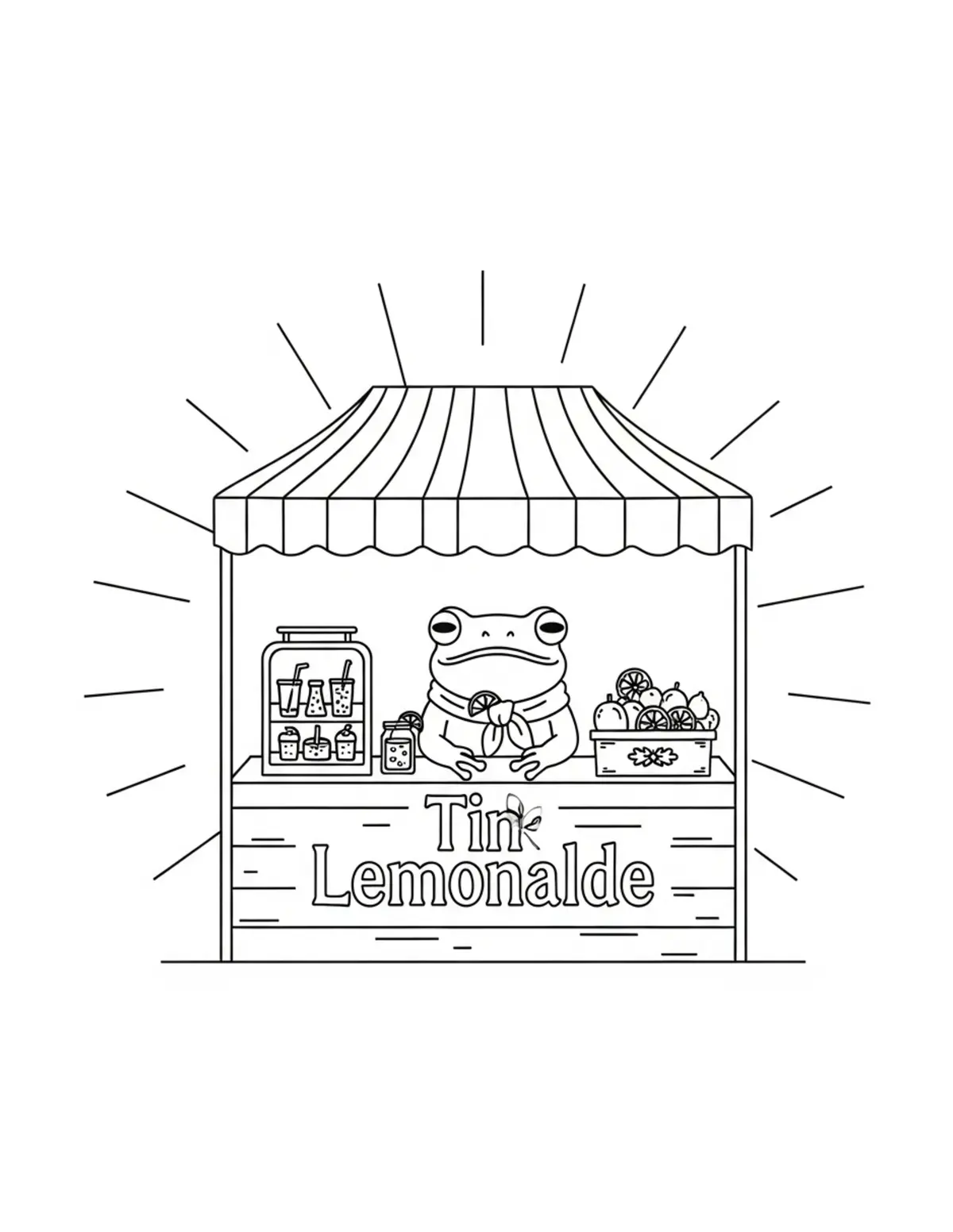 Free printable coloring page: tiny-frog-selling-lemonade-at coloring page. Cute and cozy design for kids and adults to download and print.