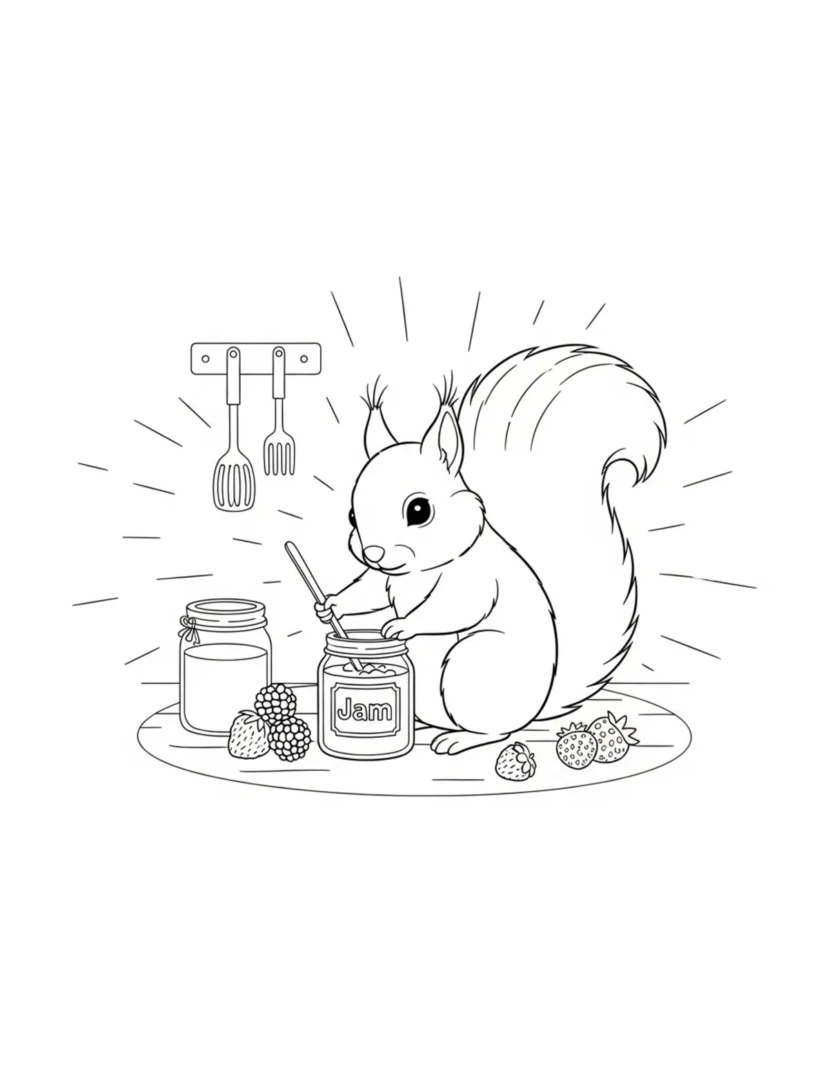 Free printable coloring page: tiny-squirrel-making-berry-jam coloring page. Cute and cozy design for kids and adults to download and print.