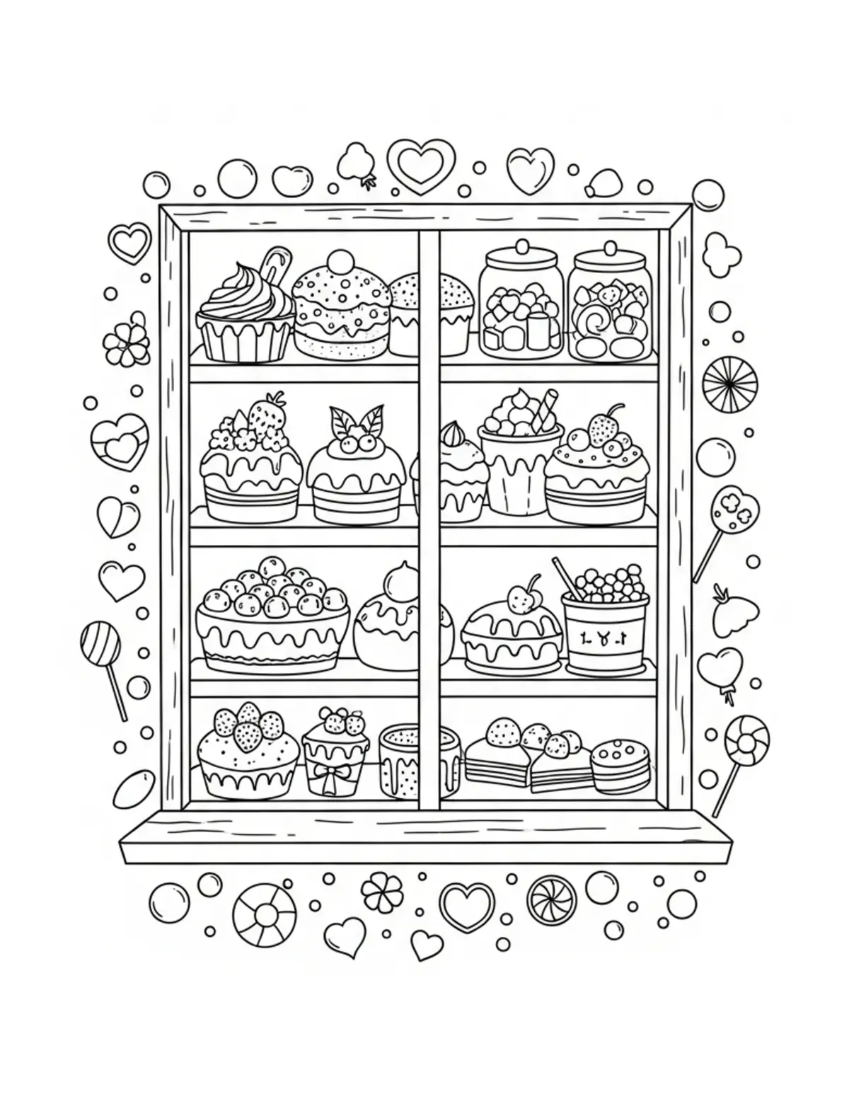 Tiny Candy Shop Window Display Coloring Page - free printable JPG featuring adorable tiny animal village scene