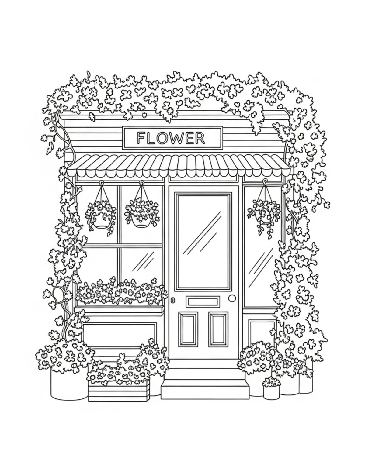 Tiny Flower Shop Exterior Cove Coloring Page - free printable JPG featuring adorable tiny animal village scene