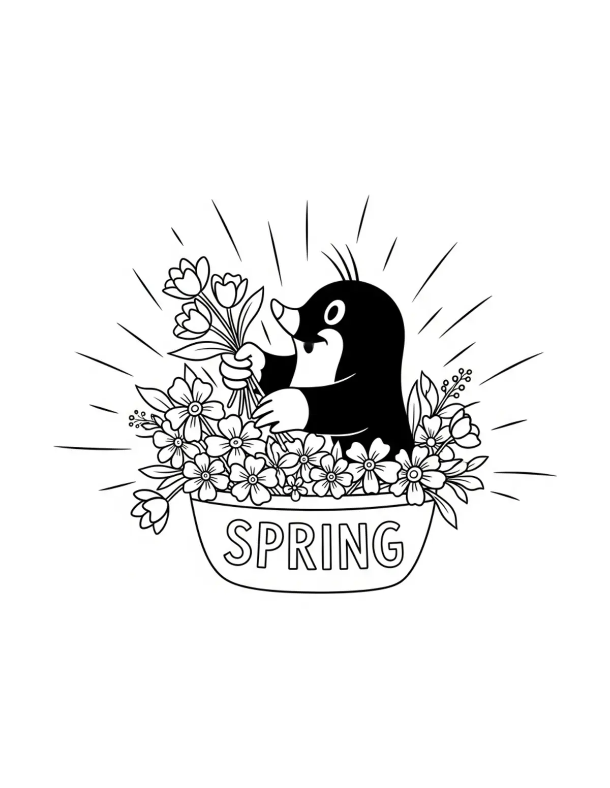 Free printable coloring page: tiny mole arranging flowers fo coloring page. Cute and cozy tiny animal design for kids and adults to download and print.