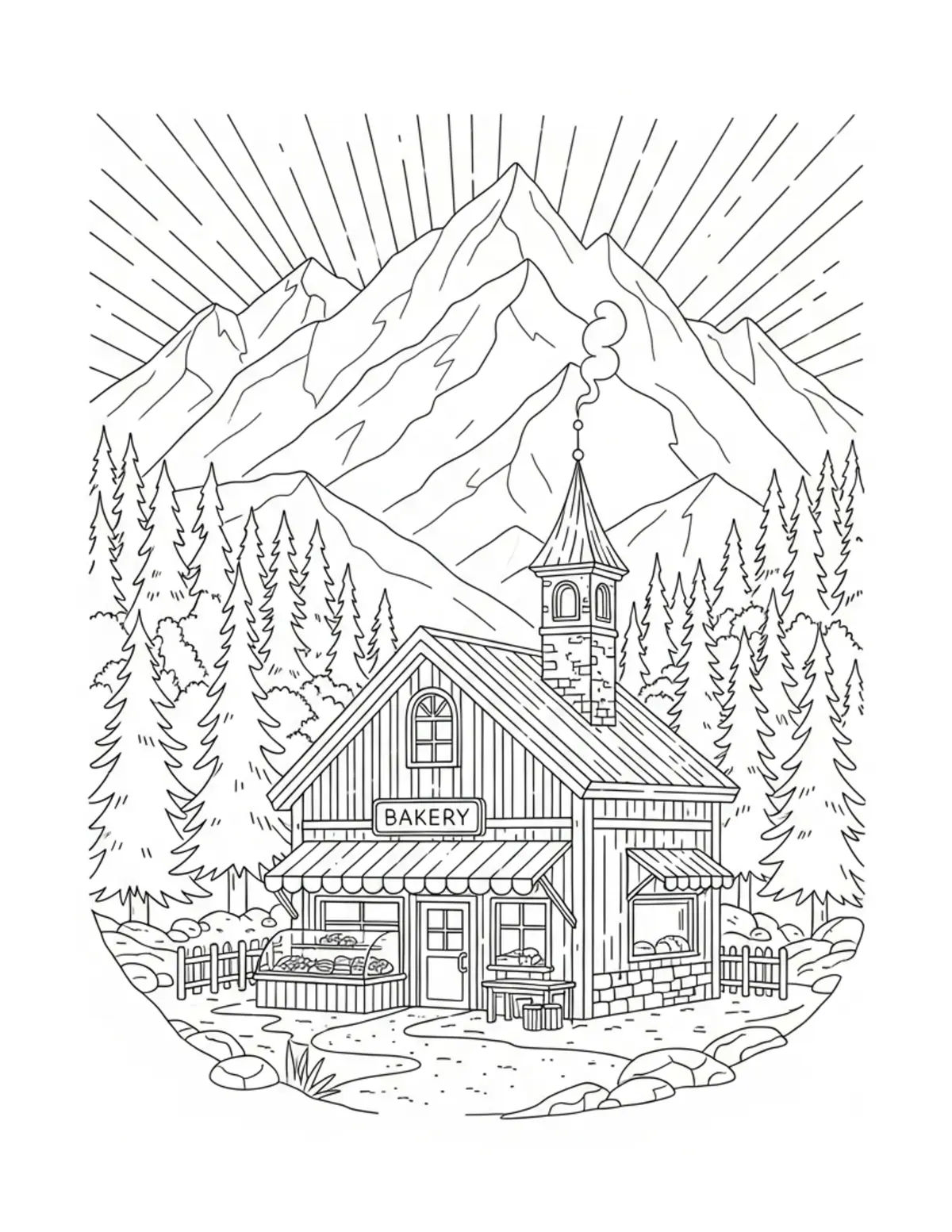 Tiny Mountain Village Bakery S Coloring Page - free printable JPG featuring adorable tiny animal village scene
