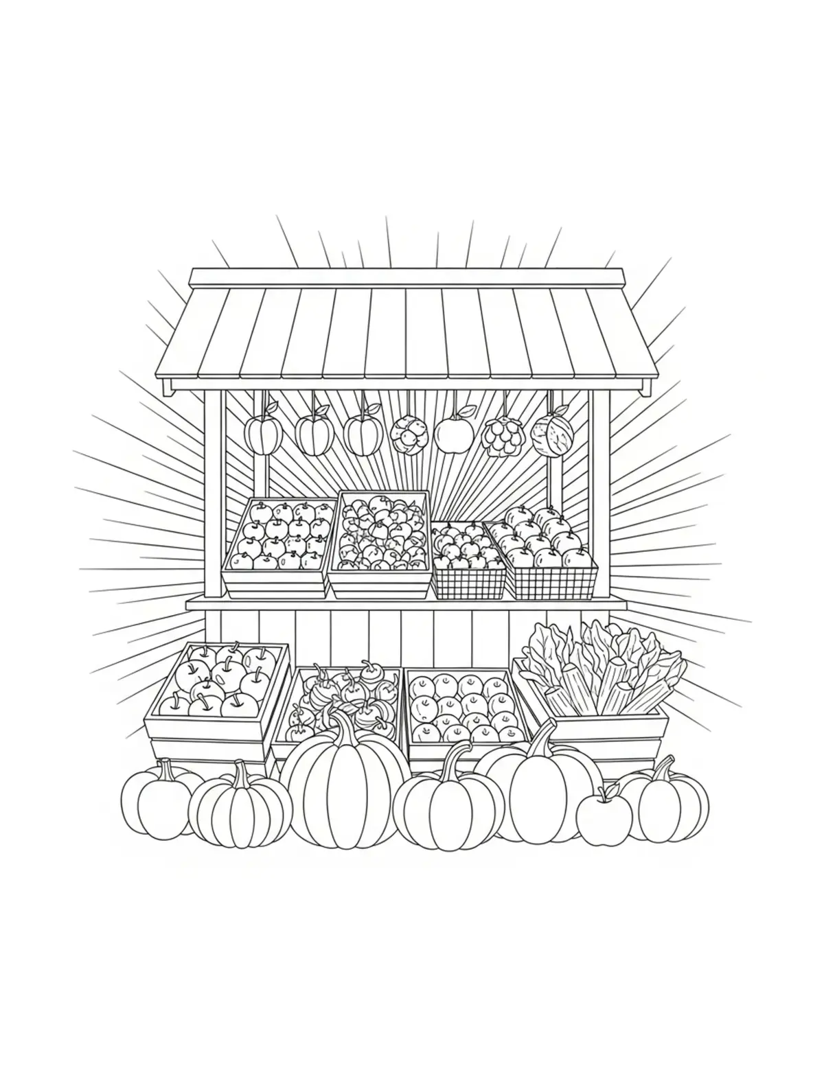 Tiny Produce Stand Overflowing Coloring Page - free printable JPG featuring adorable tiny animal village scene