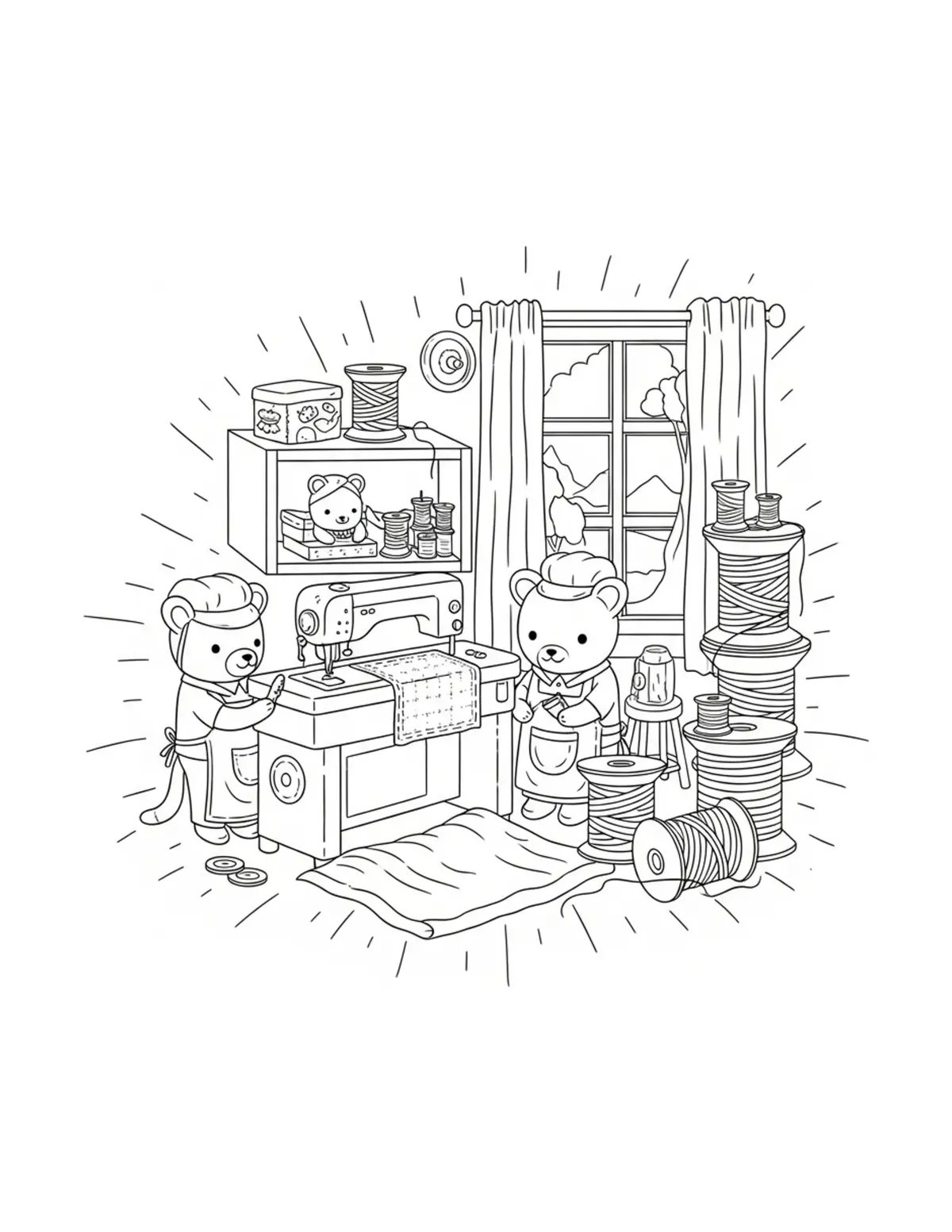 Tiny Sewing Station With Fabri Coloring Page - free printable JPG featuring adorable tiny animal village scene