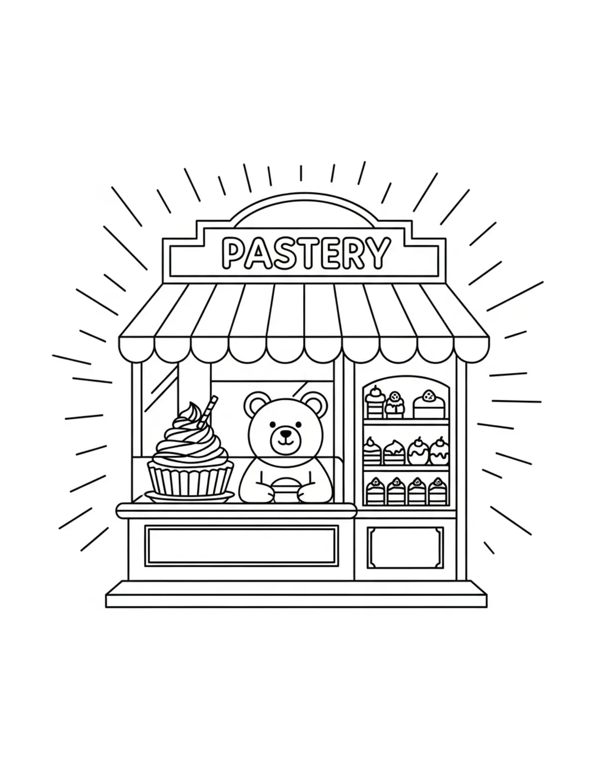 Free printable coloring page: bear-pastry-shop coloring page. Cute and cozy design for kids and adults to download and print.