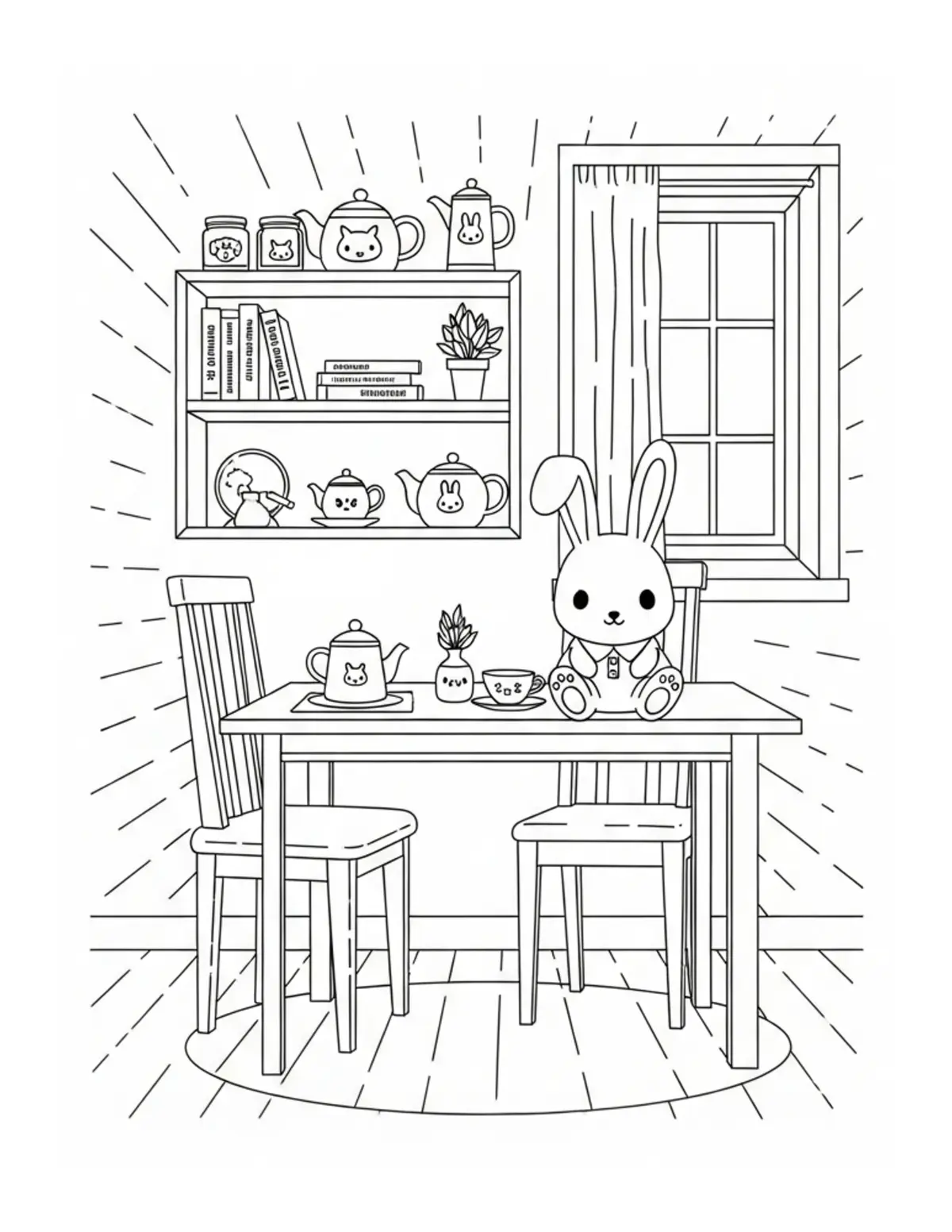 Free printable coloring page: bunny tea room coloring page. Cute and cozy design for kids and adults to download and print.