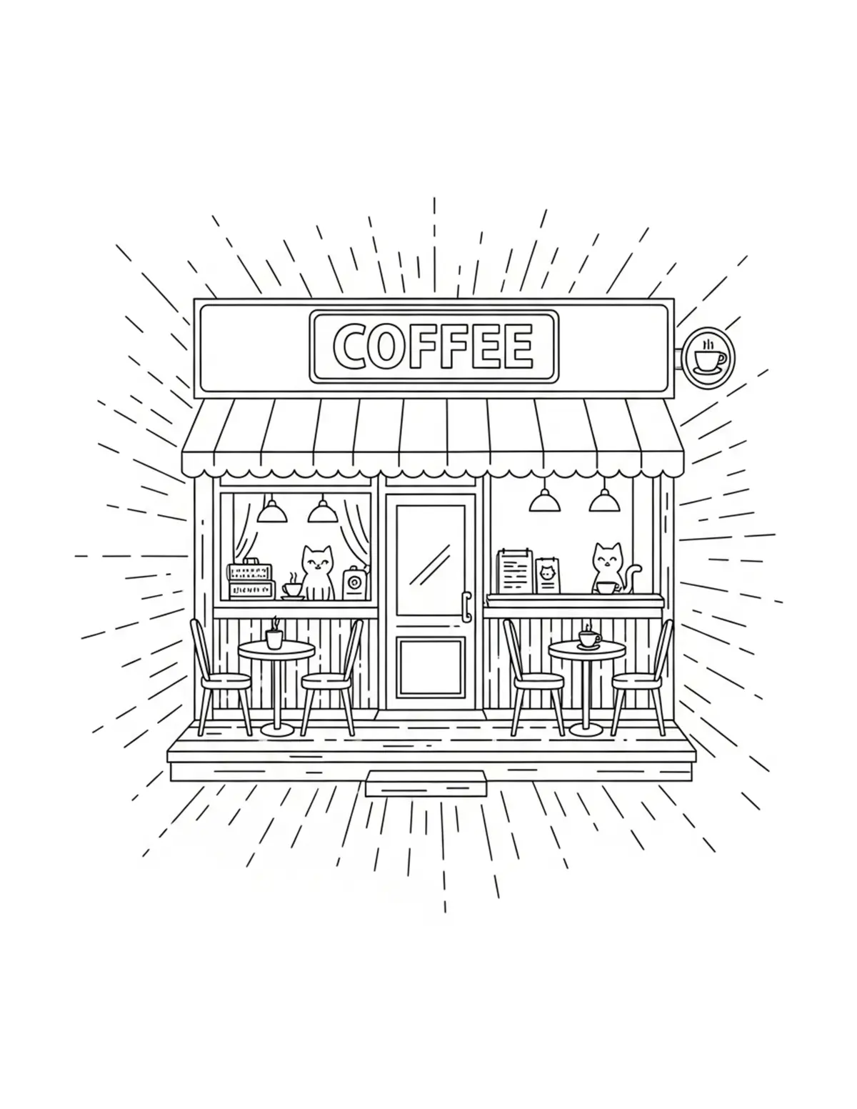 Cat Coffee Shop With Outdoor S — free printable cozy coloring coloring page for kids and adults