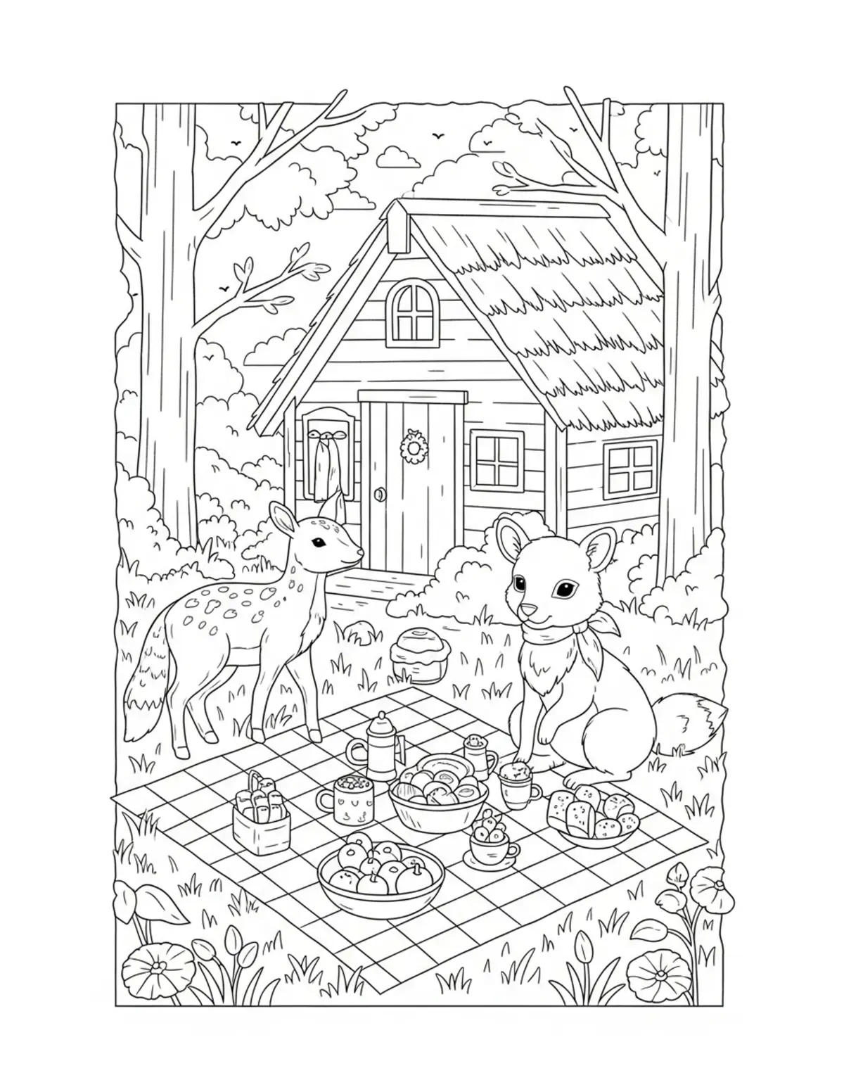 Free printable coloring page: picnic with woodla coloring page. Cute and cozy design for kids and adults to download and print.