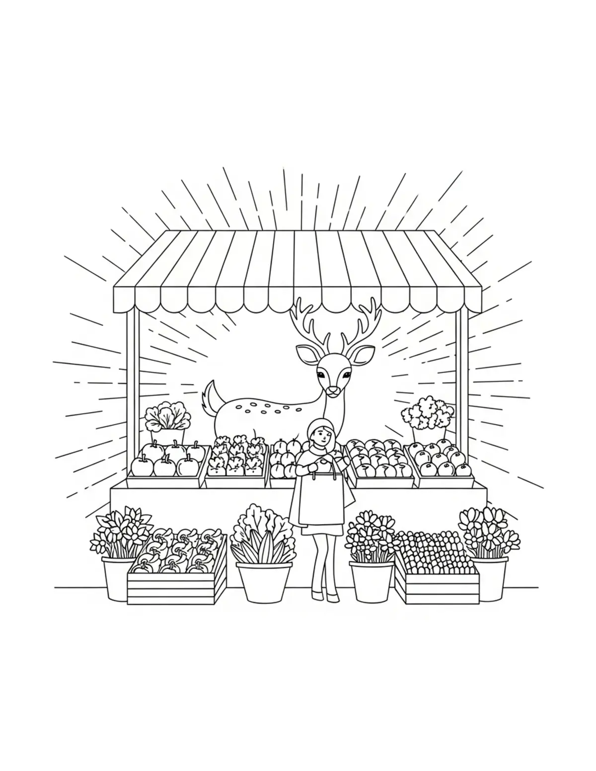 Free printable coloring page: cute deer shopping at woodland coloring page. Cute and cozy animal design for kids and adults to download and print.