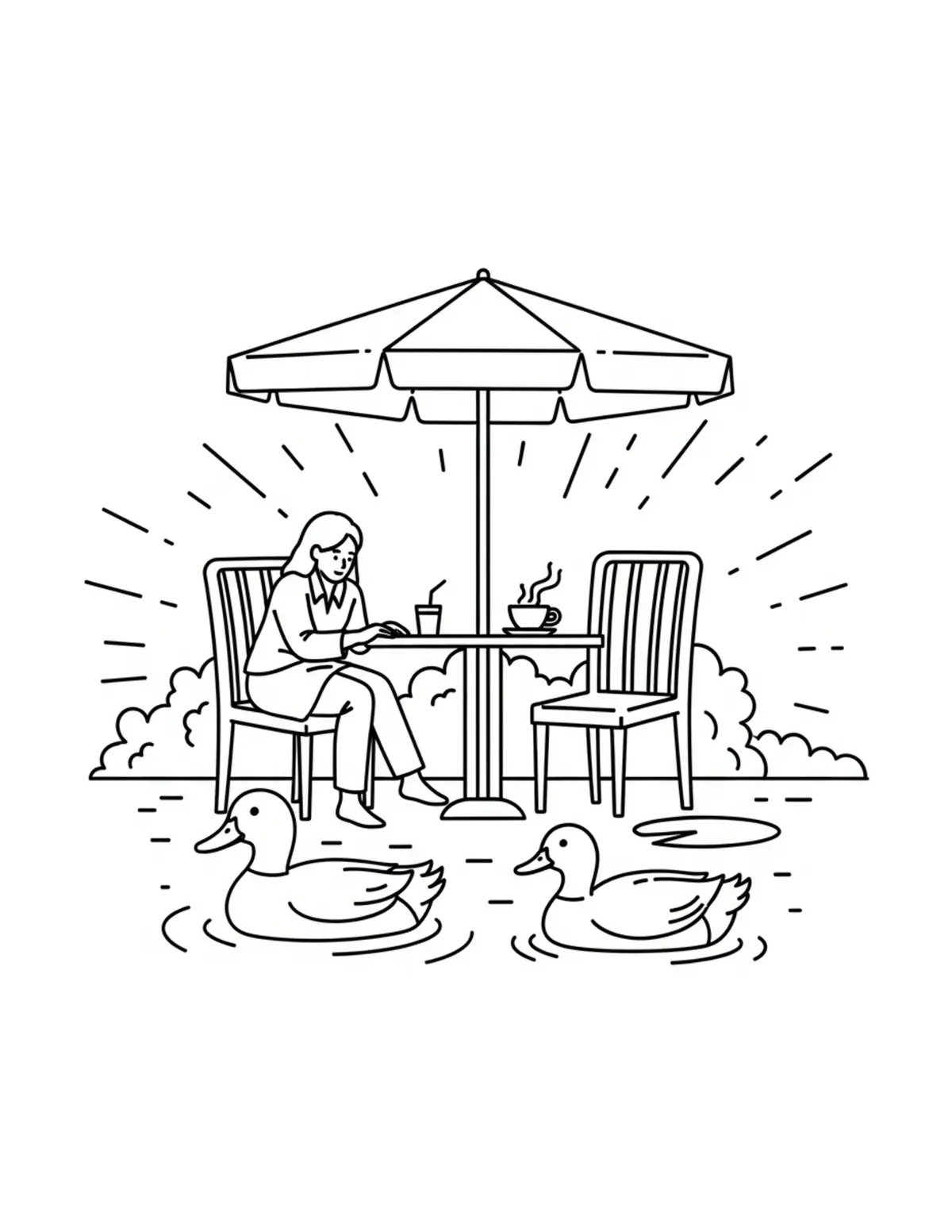 Duck Pondside Cafe Scene Coloring Page - free printable JPG featuring adorable duck scenes