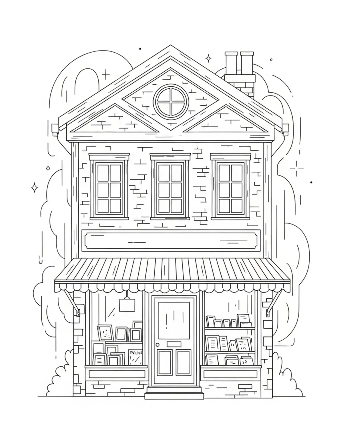 Free printable coloring page: fox bookstore village street coloring page. Cute and cozy bookstore and reading design for kids and adults to download and print.