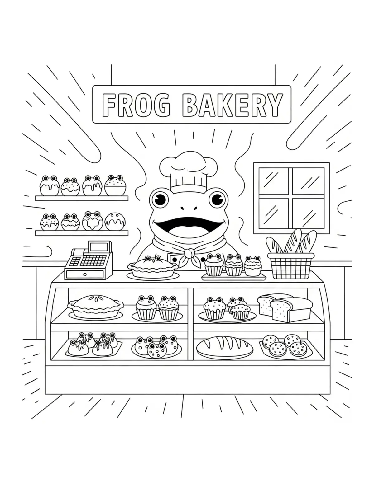 Free printable coloring page: frog bakery display counter coloring page. Cute and cozy design for kids and adults to download and print.