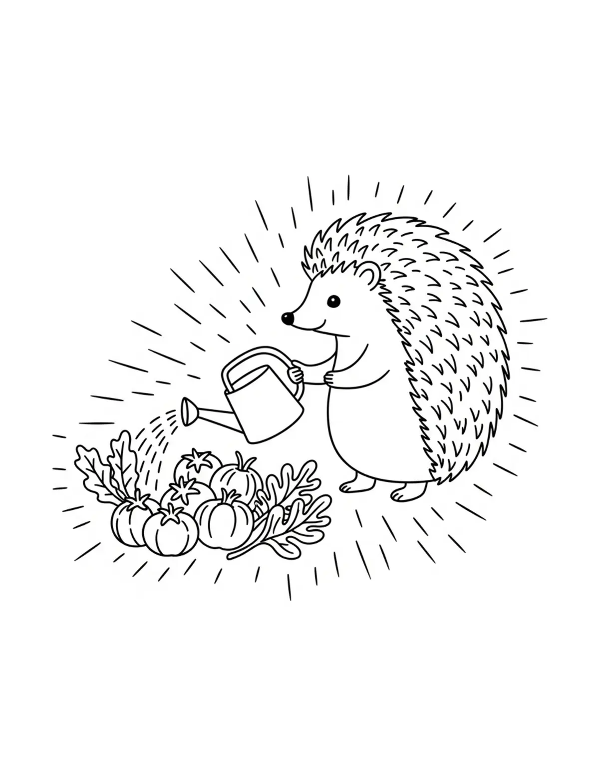 Free printable coloring page: hedgehog watering vegetables coloring page. Cute and cozy hedgehog garden design for kids and adults to download and print.