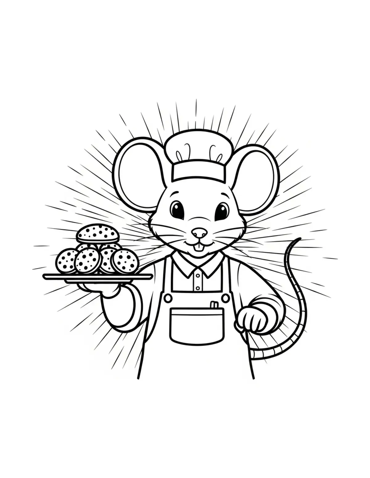 Free printable coloring page: mouse serving cookies coloring page. Cute and cozy mouse tea party design for kids and adults to download and print.