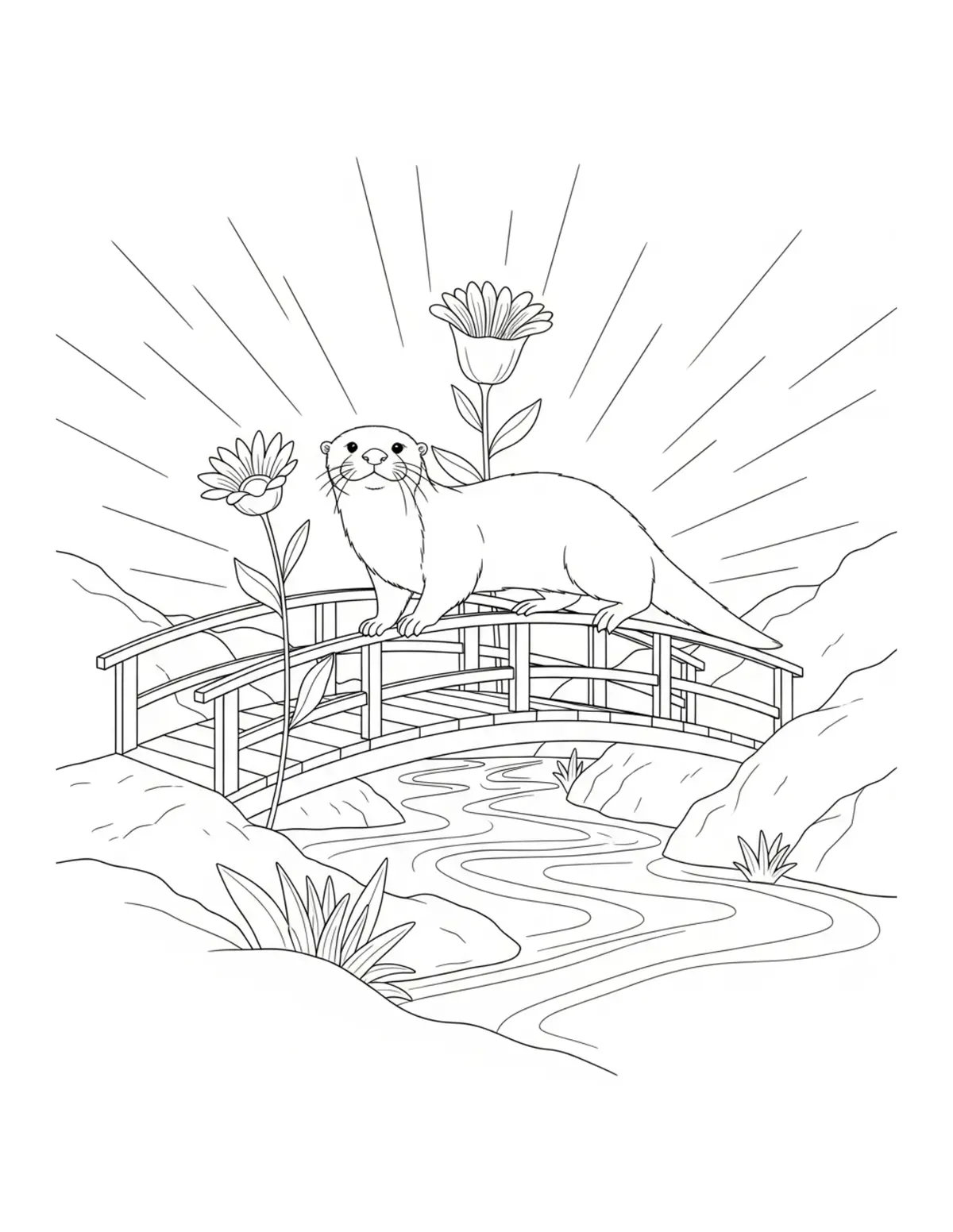 Otter Flower Bridge Crossing coloring page - free printable JPG featuring adorable otters