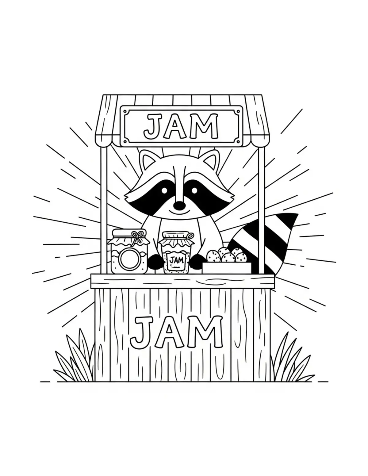 Raccoon Jam Stand coloring page - free printable JPG featuring adorable raccoons at a market