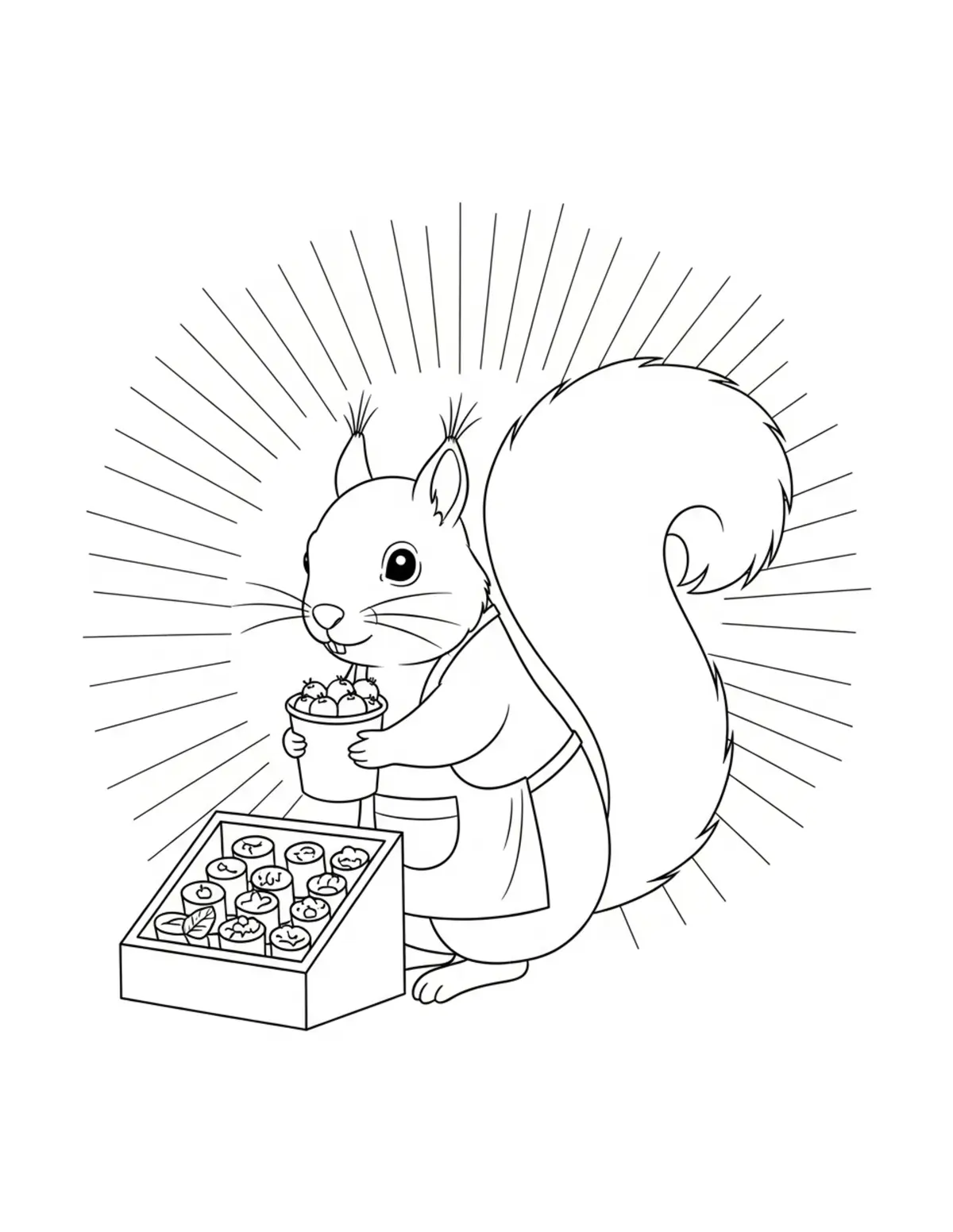 Squirrel Market Day Scene coloring page - free printable JPG featuring adorable squirrels in a woodland scene