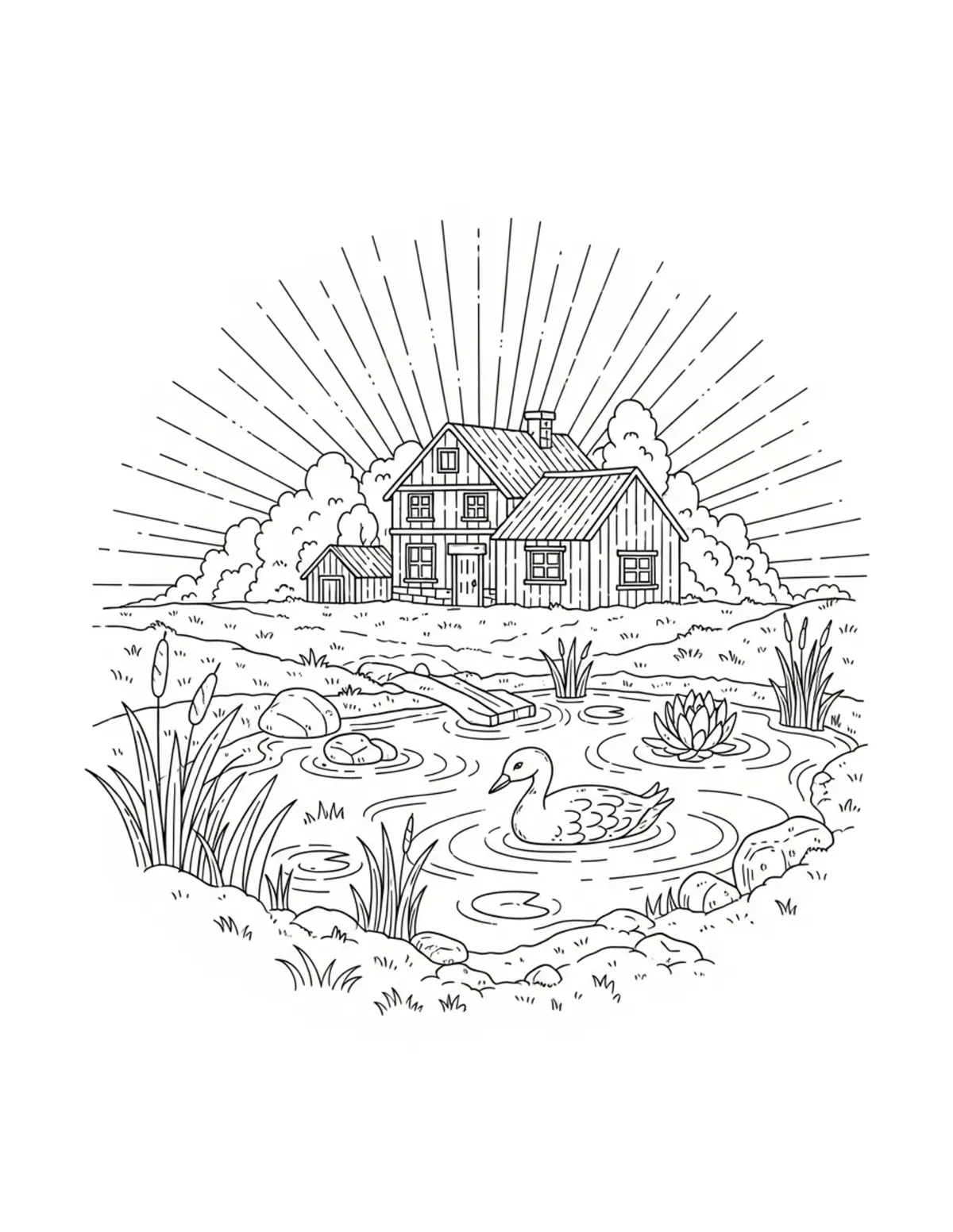 Free printable coloring page: village-pond coloring page. Cute and cozy design for kids and adults to download and print.