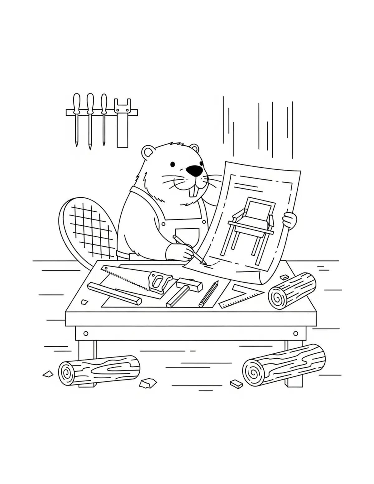 Beaver Designing Furniture at a Workbench Coloring Page - free printable JPG featuring adorable woodland beaver