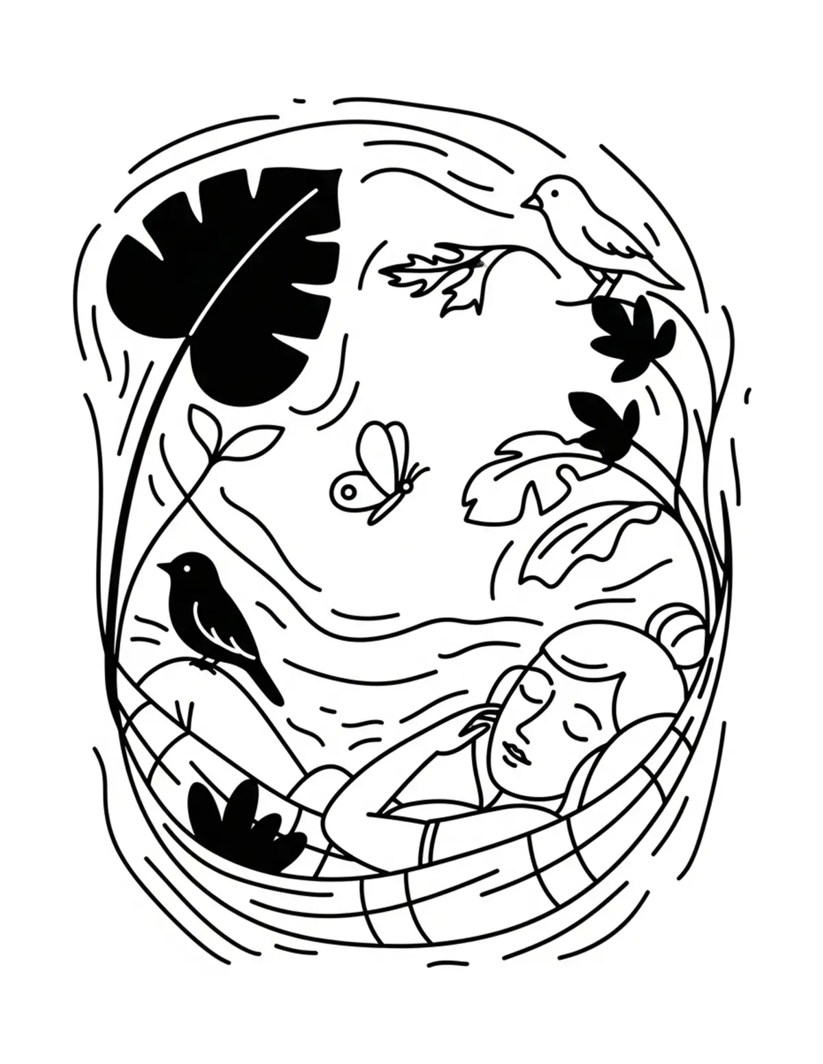 Free printable coloring page: cozy summer nature observation coloring page. Cute and cozy summer design for kids and adults to download and print.