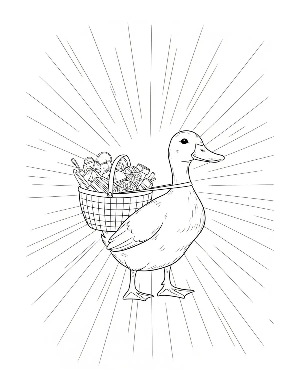 Cute Duck Carrying A Basket Of Coloring Page - free printable JPG featuring adorable tiny animal village scene