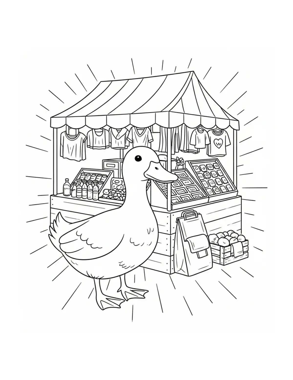 Cute Duck Enjoying A Relaxing Coloring Page - free printable JPG featuring adorable tiny animal village scene