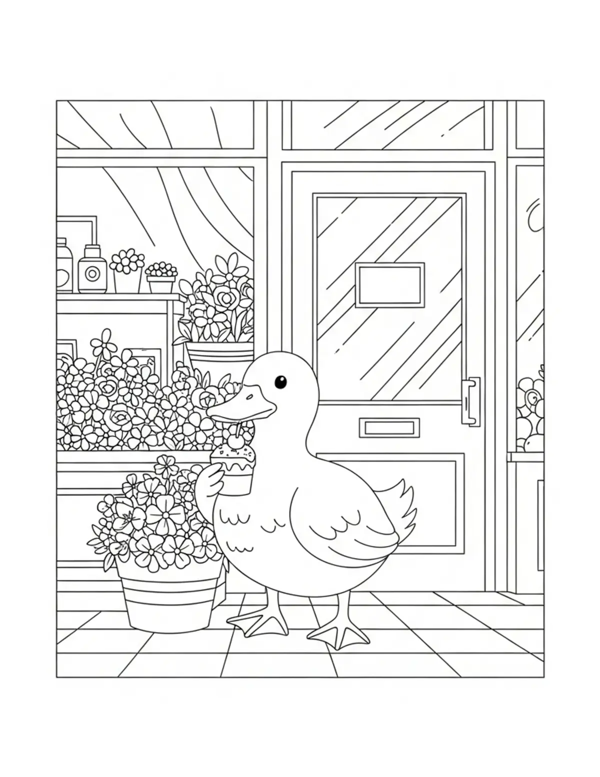 Cute Duck Enjoying A Sweet Tre Coloring Page - free printable JPG featuring adorable tiny animal village scene