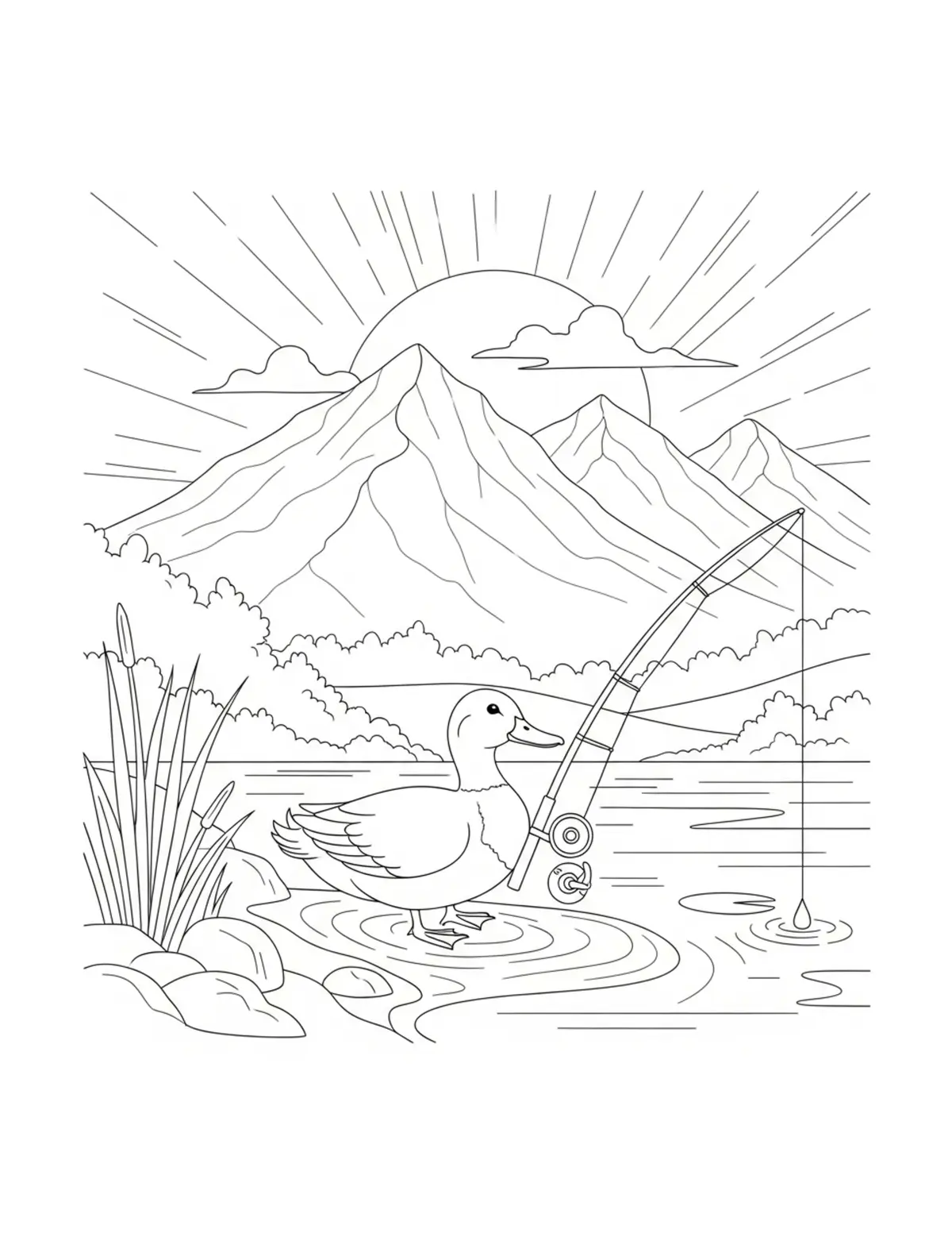 Cute Duck Fishing Beside A Pea Coloring Page - free printable JPG featuring adorable tiny animal village scene
