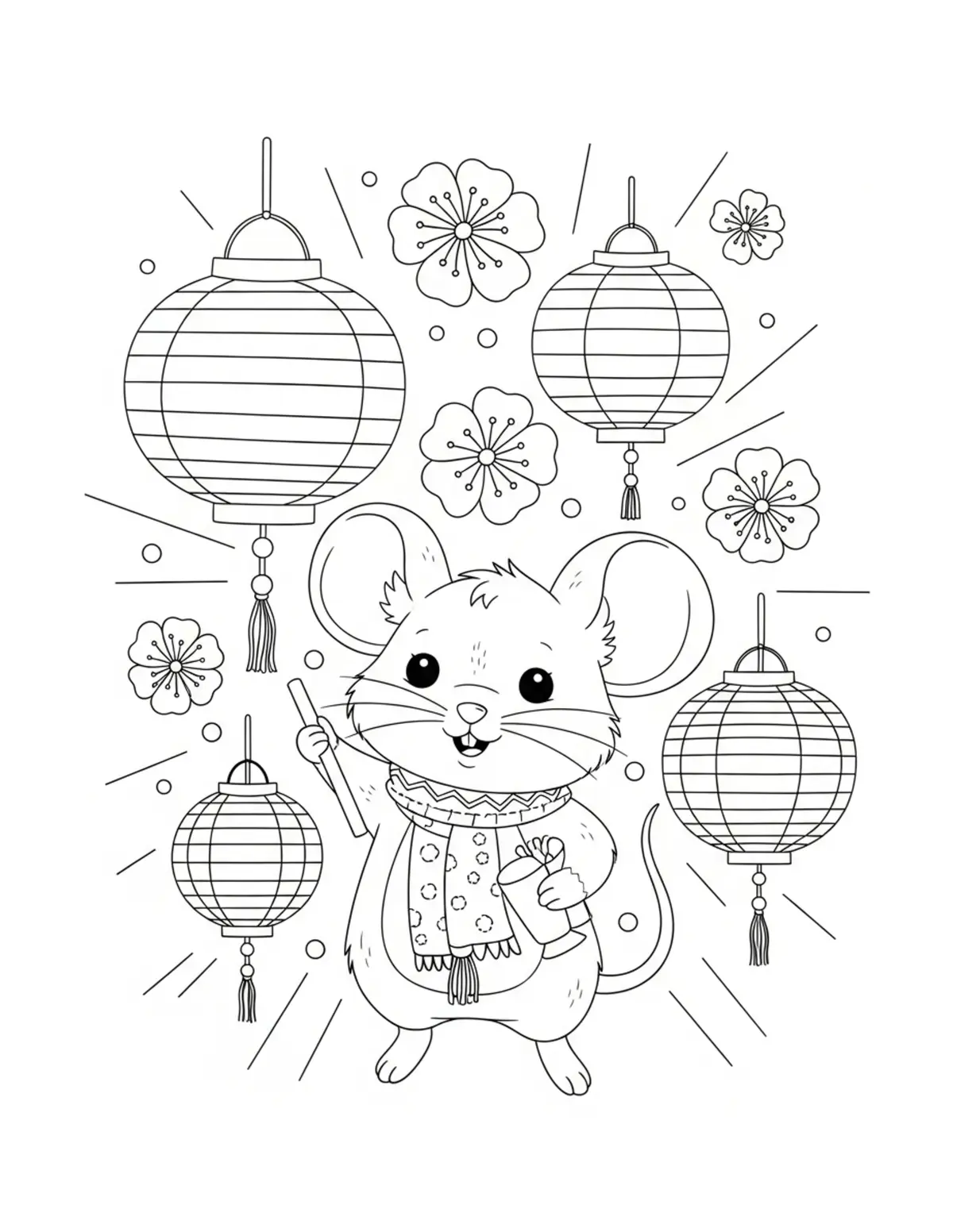 Cute Mouse Lantern Festival Co — free printable cozy coloring coloring page for kids and adults