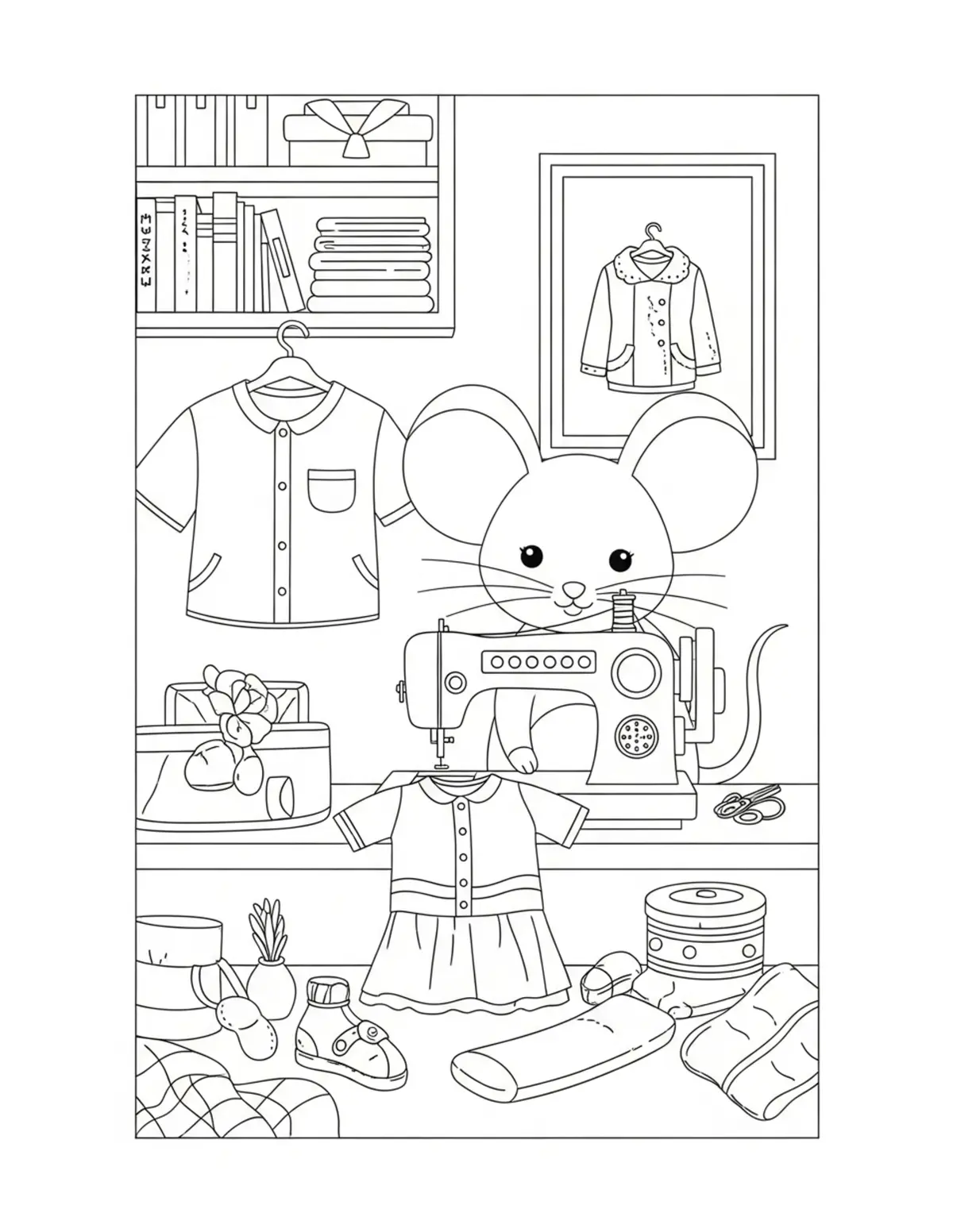 Cute Mouse Sewing Room Colorin — free printable cozy coloring coloring page for kids and adults
