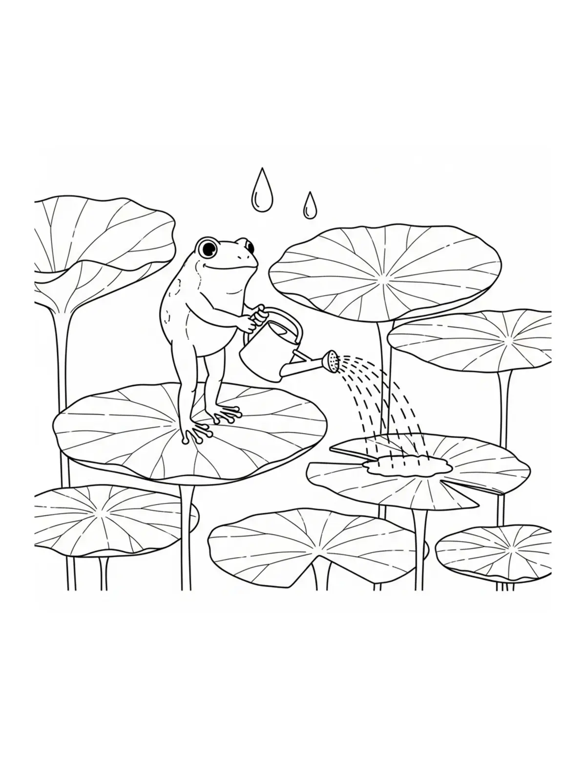 Frog Watering Giant Lily Pad G Coloring Page - free printable JPG featuring adorable woodland animals