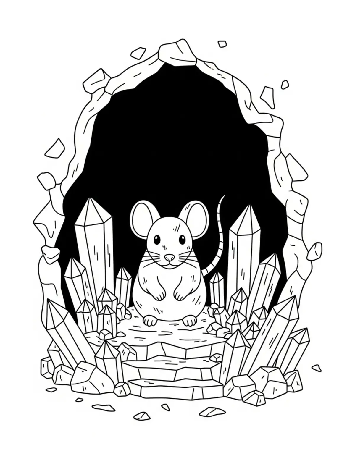Free printable coloring page: mouse crystal cave coloring page. Cute and cozy design for kids and adults to download and print.