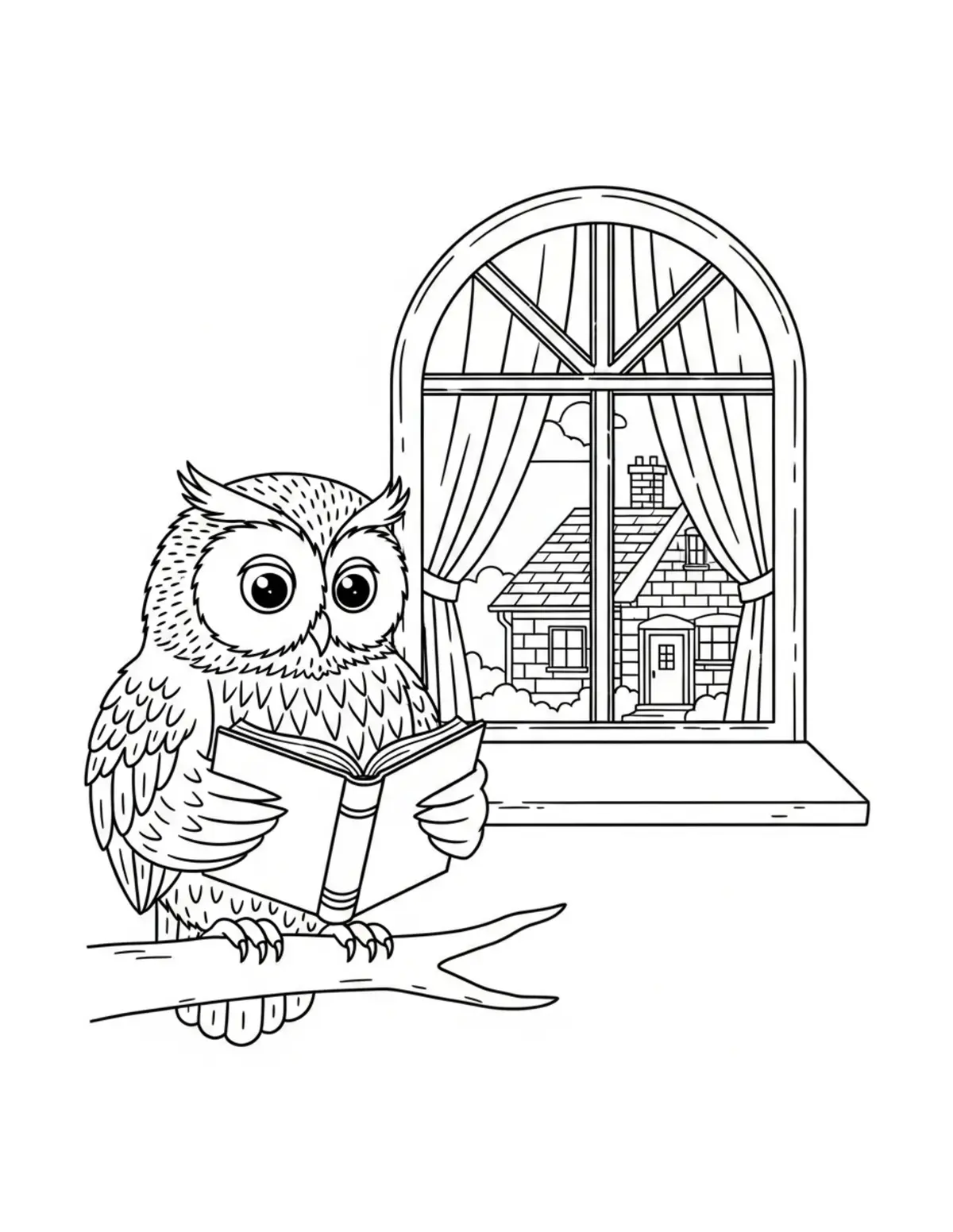Owl Reading Beside A Cottage W Coloring Page - free printable JPG featuring adorable owl reading scenes