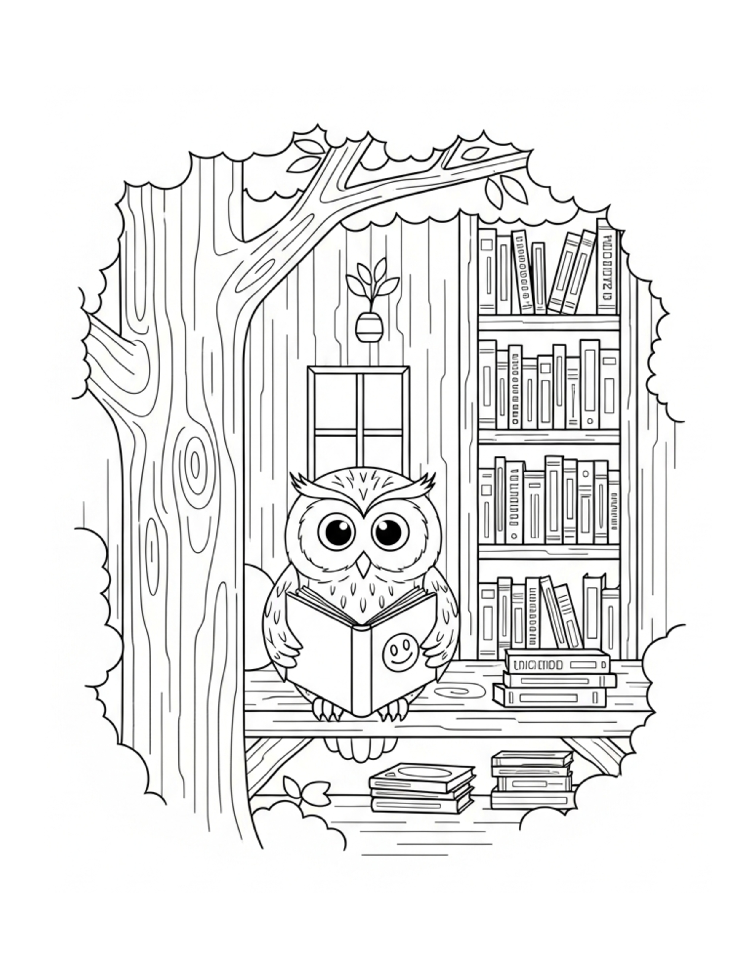 Owl Reading In A Treehouse Rea Coloring Page - free printable JPG featuring adorable owl