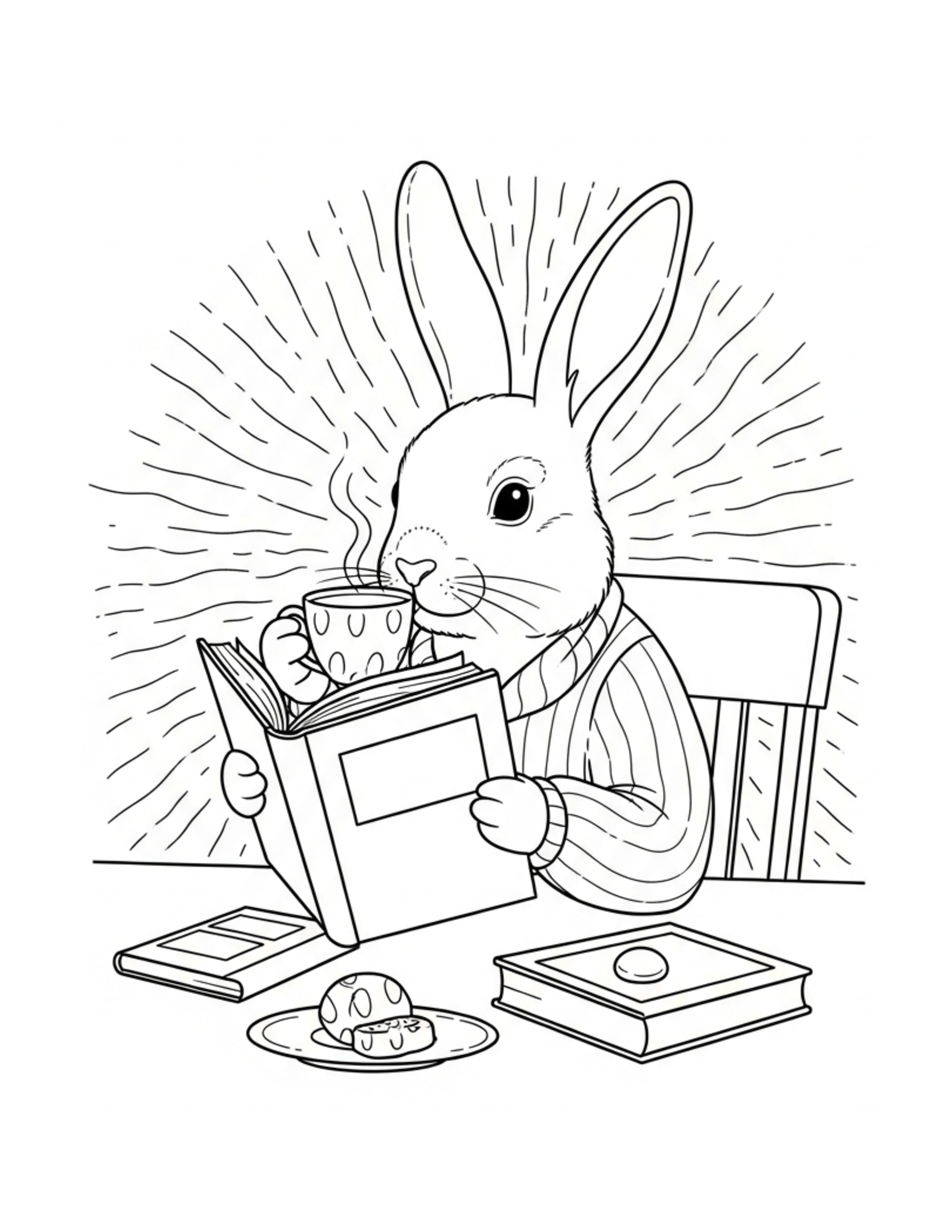 Rabbit Reading A Book While Dr Coloring Page - free printable JPG featuring adorable rabbit