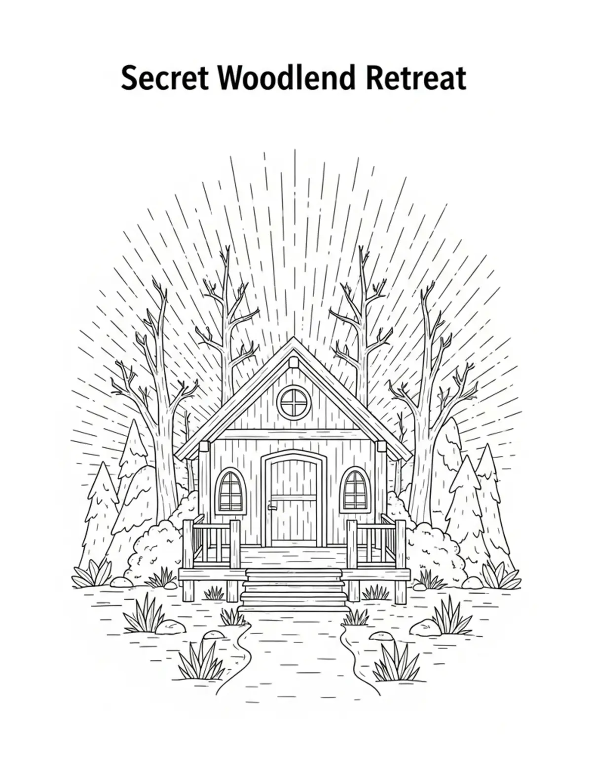 Free printable coloring page: secret-woodland-retreat coloring page. Cute and cozy design for kids and adults to download and print.