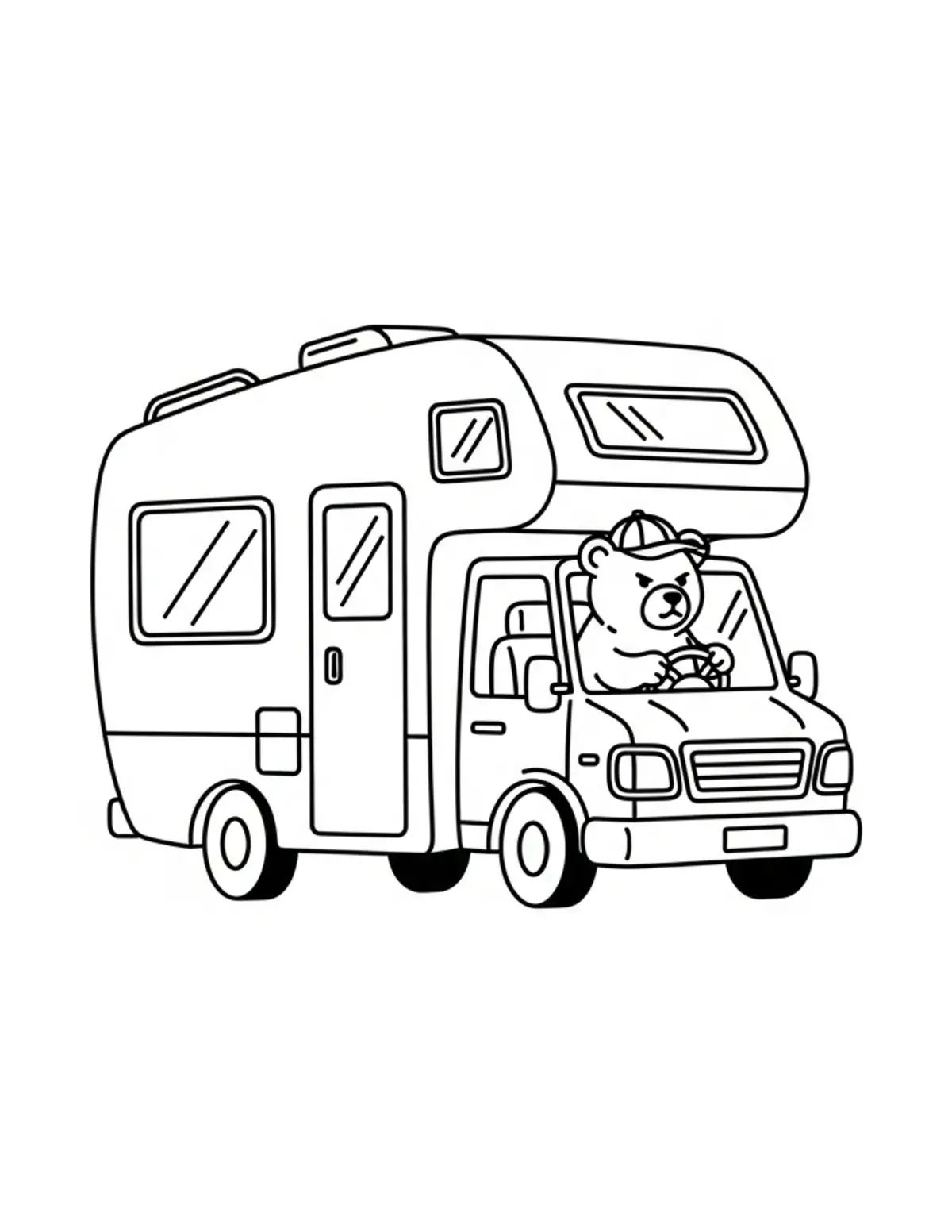 Free printable coloring page: tiny-bear-driving-a-camping-rv coloring page. Cute and cozy design for kids and adults to download and print.
