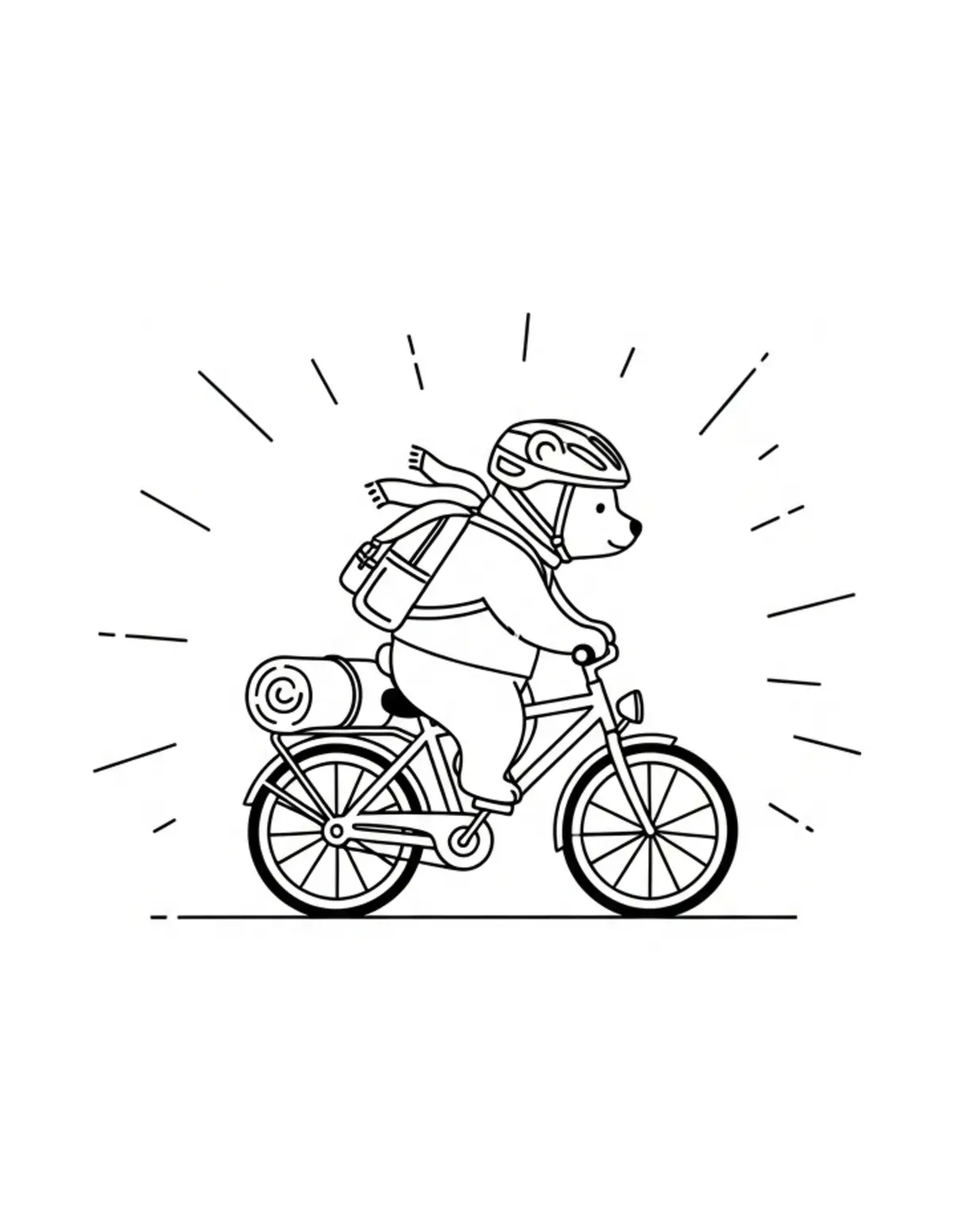 Free printable coloring page: tiny-bear-riding-a-camping-bic coloring page. Cute and cozy design for kids and adults to download and print.