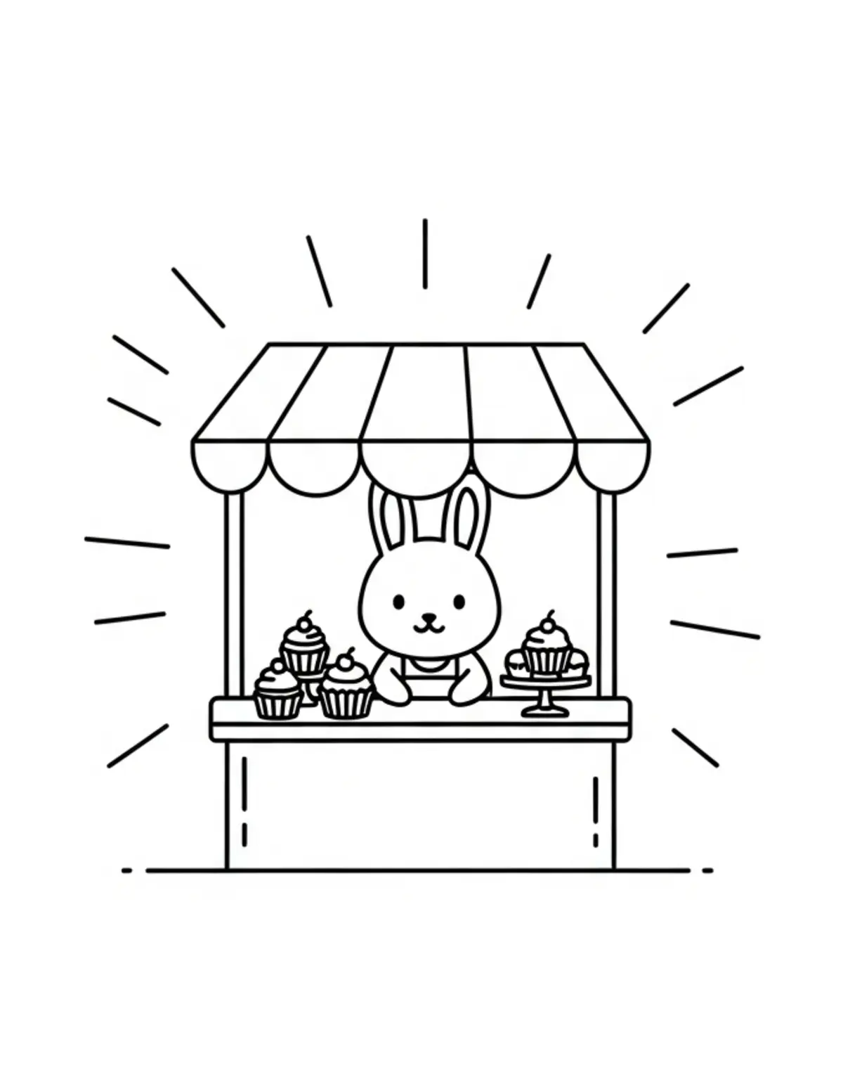 Free printable coloring page: tiny-bunny-operating-a-cupcake coloring page. Cute and cozy design for kids and adults to download and print.