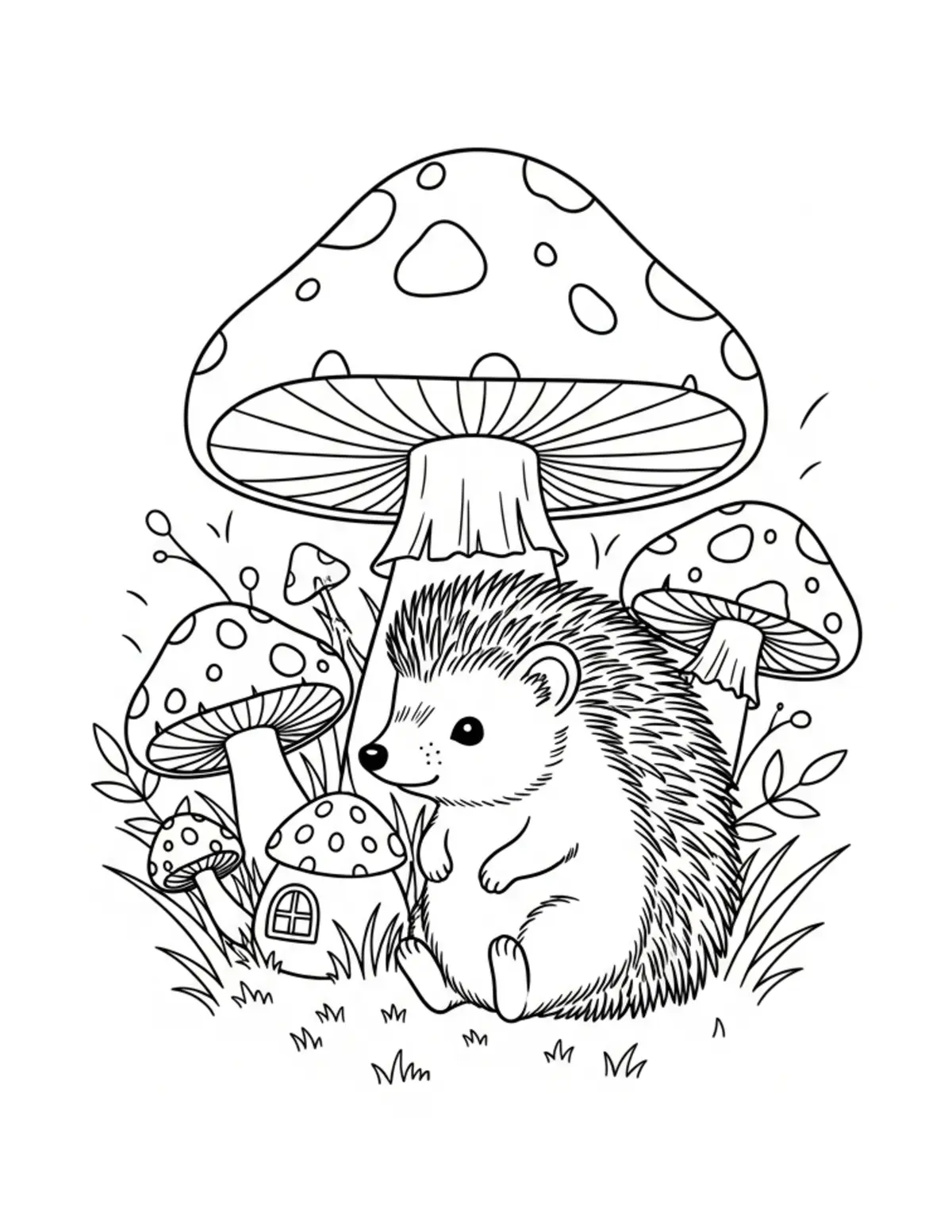 Free printable coloring page: tiny-hedgehog-living-in-a-mush coloring page. Cute and cozy design for kids and adults to download and print.
