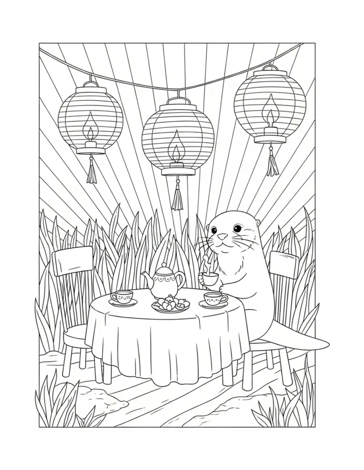 Free printable coloring page: tiny-otter-hosting-a-riverside coloring page. Cute and cozy design for kids and adults to download and print.