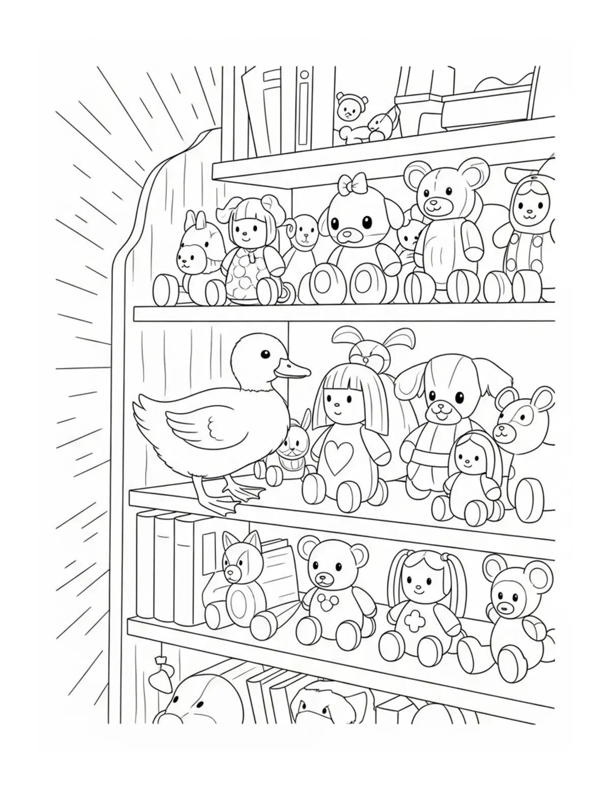 Tiny Duck Exploring A Shelf Fu Coloring Page - free printable JPG featuring adorable tiny animal village scene
