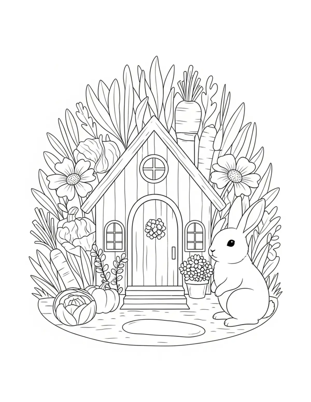 Free printable coloring page: tiny rabbit garden cottage ve coloring page. Cute design for kids and adults.