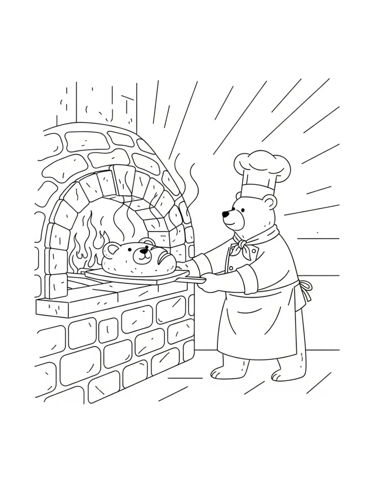 Free printable coloring page: bear-bread-oven-scene coloring page. Cute and cozy design for kids and adults to download and print.