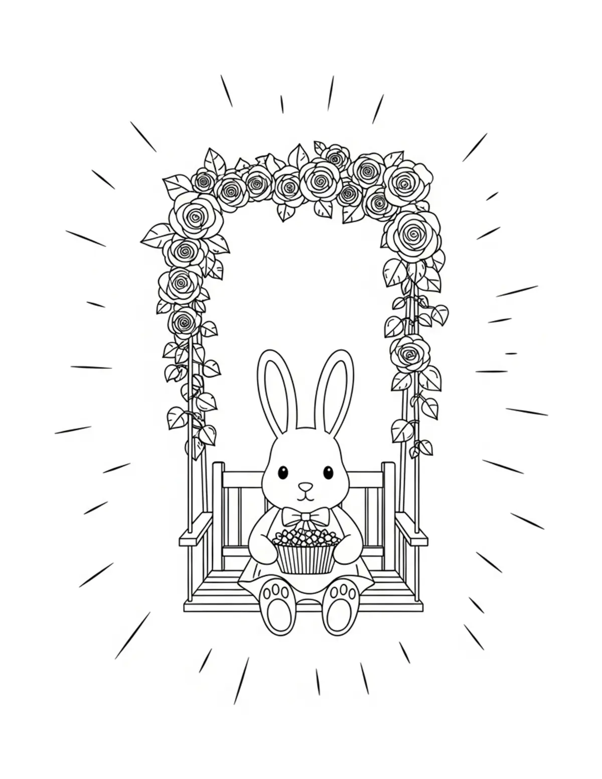 Free printable coloring page: bunny garden swing coloring page. Cute and cozy design for kids and adults to download and print.